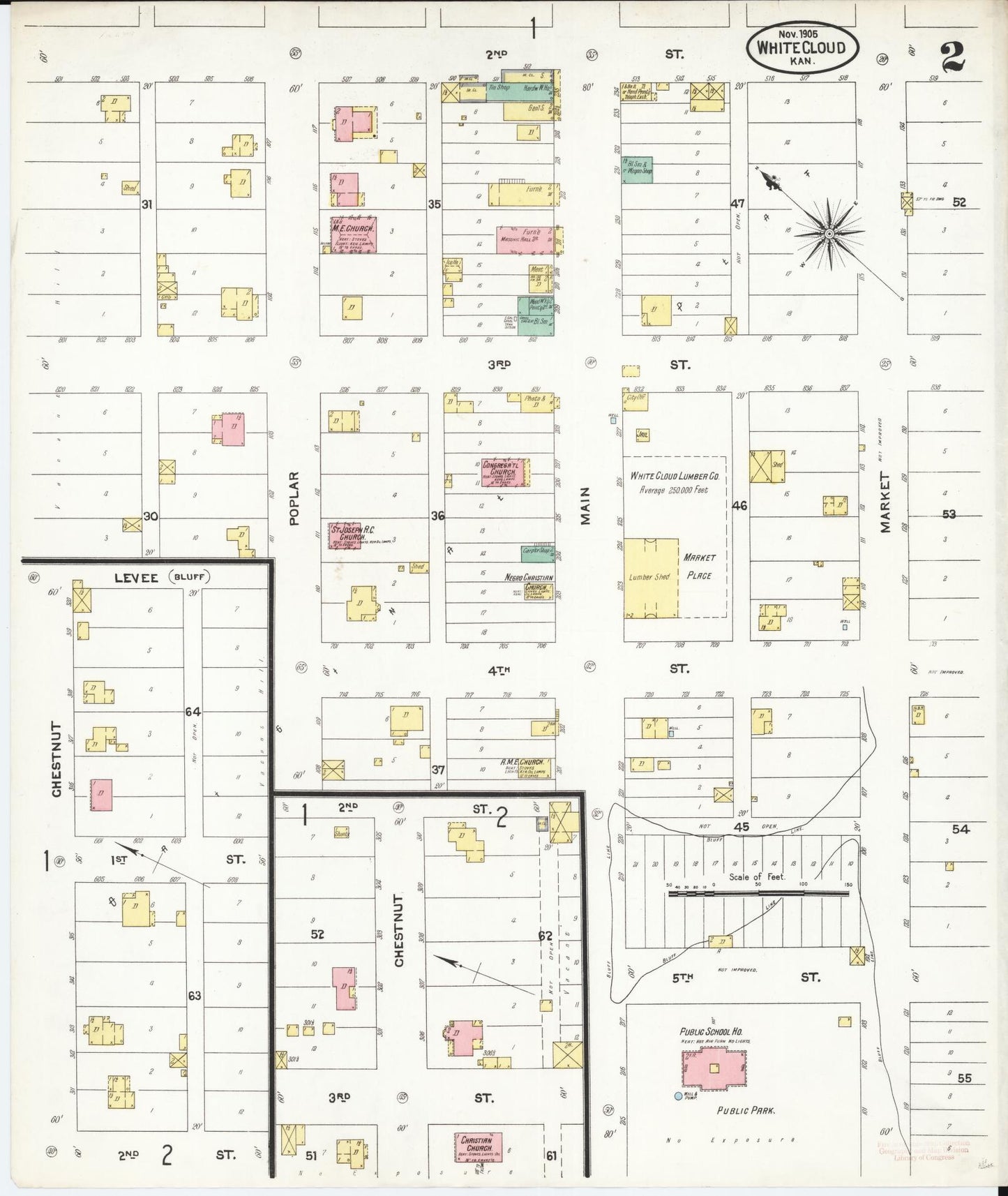 Sanborn Fire Insurance Map from White Cloud, Doniphan County, Kansas (1905), Sheet #0002 - Historic Sanborn Fire Insurance Map Print, vintage old map wall art, antique decor, genealogy gift, Kansas Kansas map