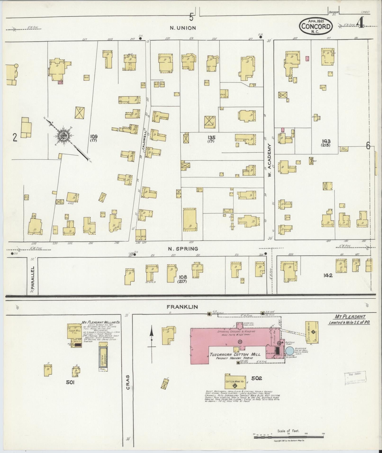 Sanborn Fire Insurance Map from Concord, Cabarrus County, North Carolina (1921), Sheet #0004 - Historic Sanborn Fire Insurance Map Print, vintage old map wall art, antique decor, genealogy gift, North Carolina North Carolina map