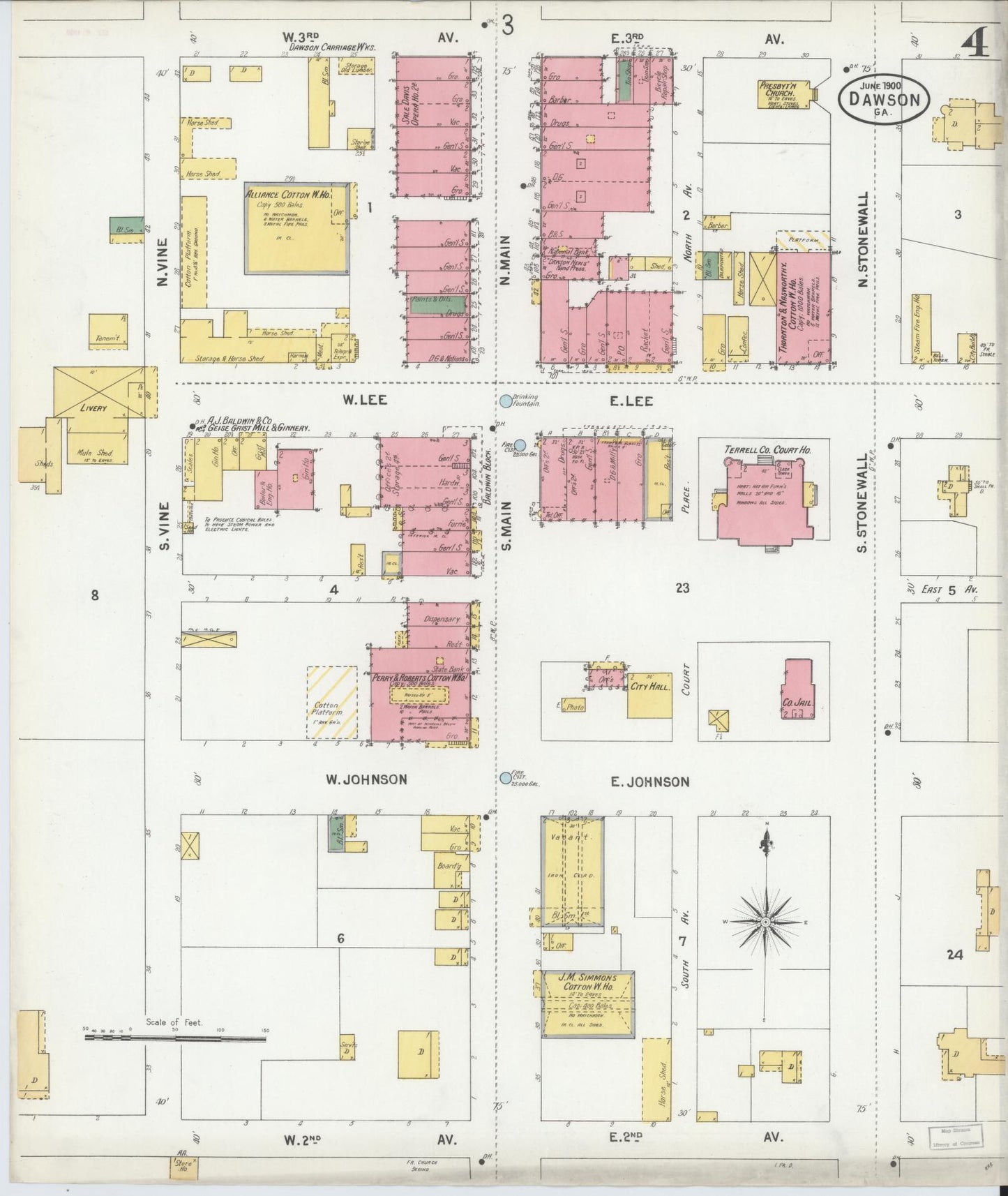 Sanborn Fire Insurance Map from Dawson, Terrell County, Georgia (1900), Sheet #0004 - Historic Sanborn Fire Insurance Map Print, vintage old map wall art, antique decor, genealogy gift, Georgia Georgia map