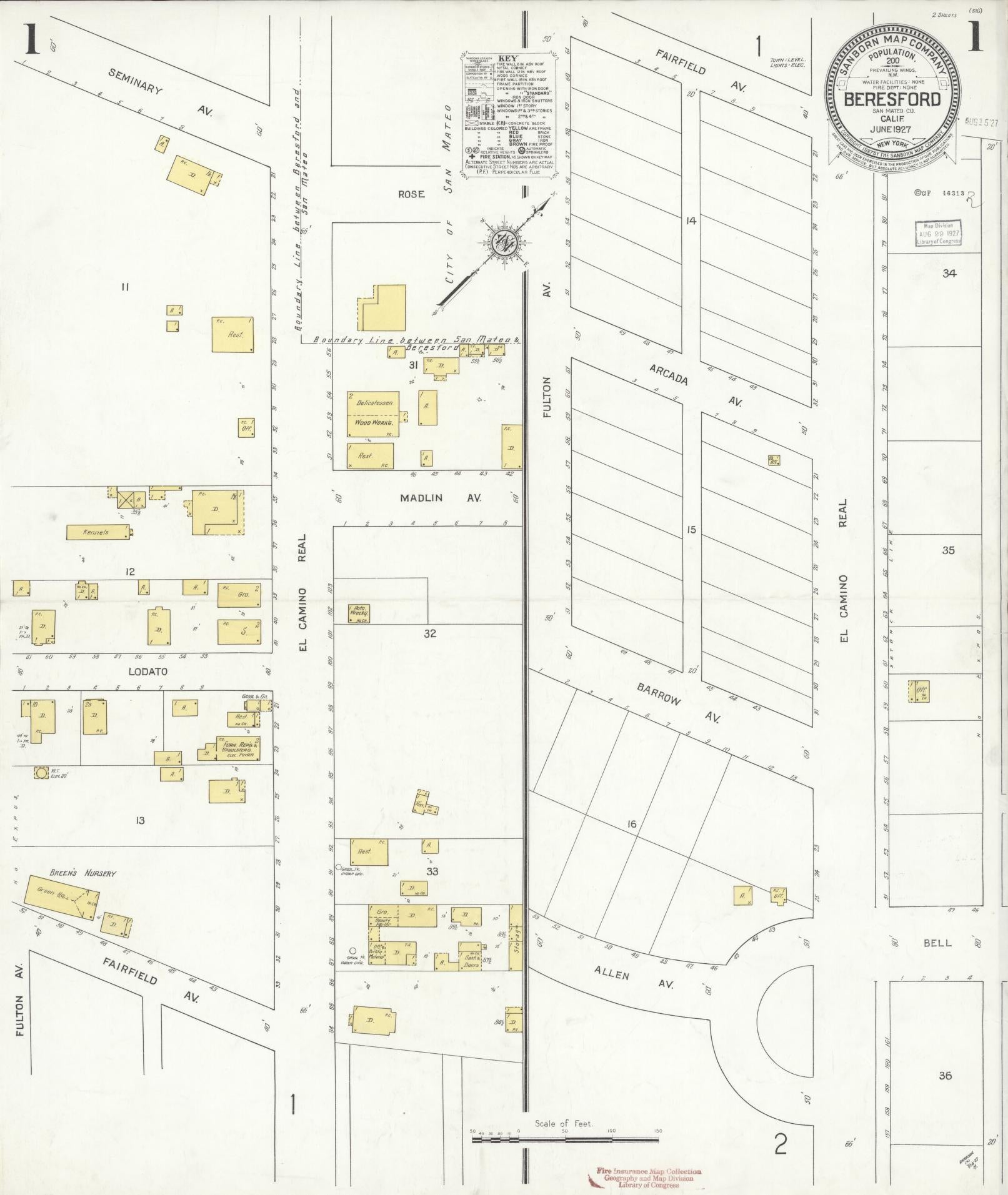 Sanborn Fire Insurance Map from Beresford, San Mateo County, California (1927), Sheet #0001 - Historic Sanborn Fire Insurance Map Print, vintage old map wall art, antique decor, genealogy gift, California California map