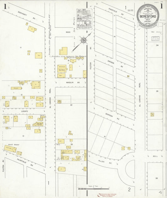 Sanborn Fire Insurance Map from Beresford, San Mateo County, California (1927), Sheet #0001 - Historic Sanborn Fire Insurance Map Print, vintage old map wall art, antique decor, genealogy gift, California California map