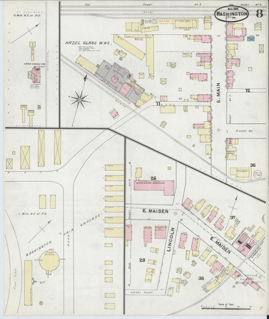 Sanborn Fire Insurance Map from Washington, Washington County, Pennsylvania (1891), Sheet #0008 - Historic Sanborn Fire Insurance Map Print, vintage old map wall art, antique decor, genealogy gift, Sanborn Fire Insurance Map from Washington Washington map
