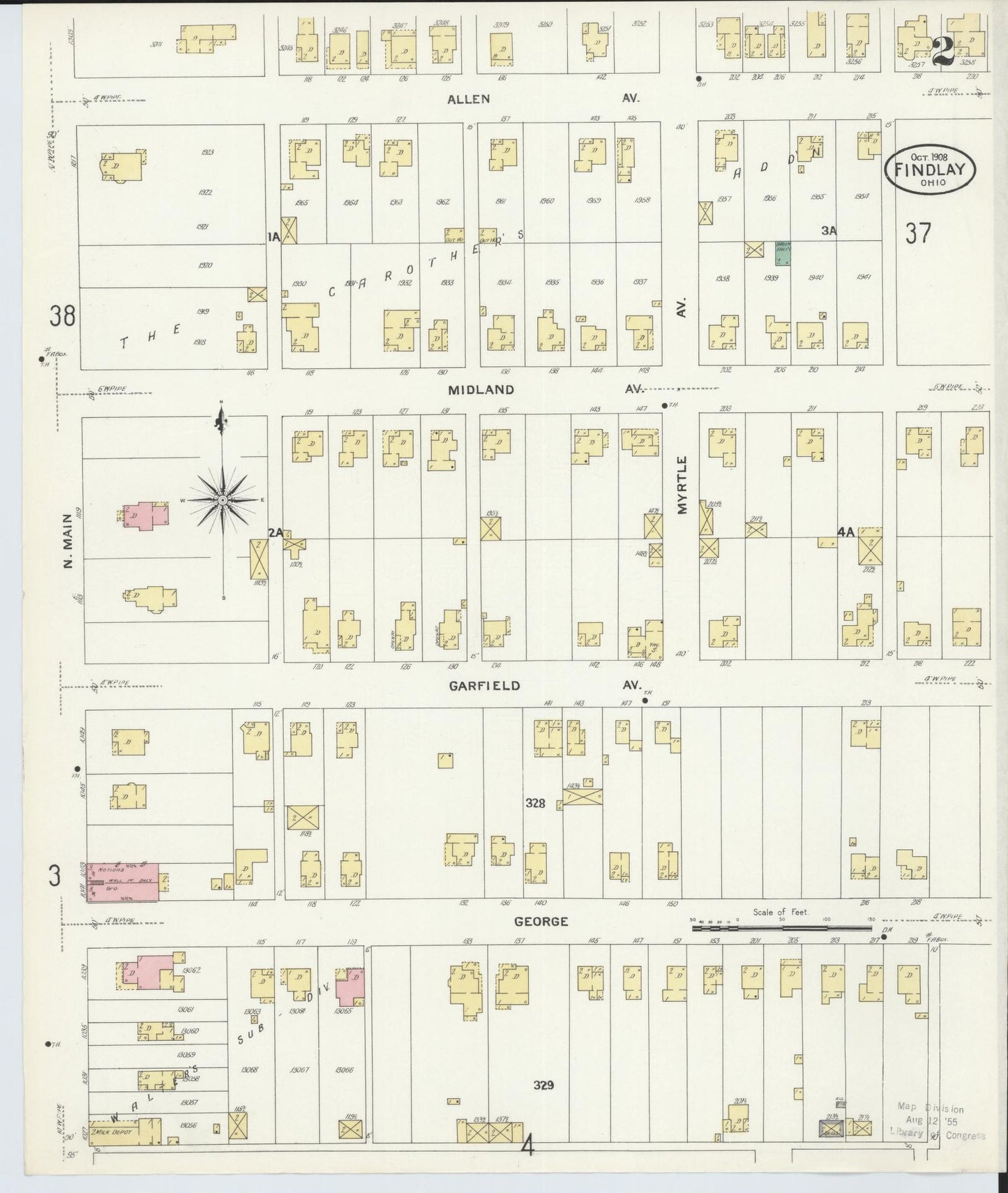 Sanborn Fire Insurance Map from Findlay, Hancock County, Ohio (1908), Sheet #0002 - Historic Sanborn Fire Insurance Map Print, vintage old map wall art, antique decor, genealogy gift, Ohio Ohio map