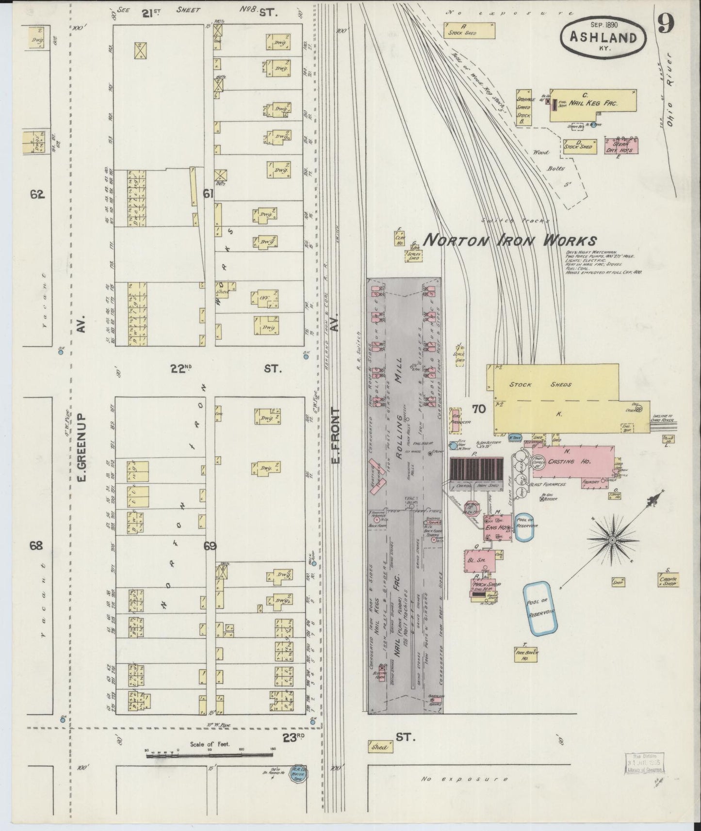 Sanborn Fire Insurance Map from Ashland, Boyd County, Kentucky (1890), Sheet #0009 - Historic Sanborn Fire Insurance Map Print, vintage old map wall art, antique decor, genealogy gift, Kentucky Kentucky map