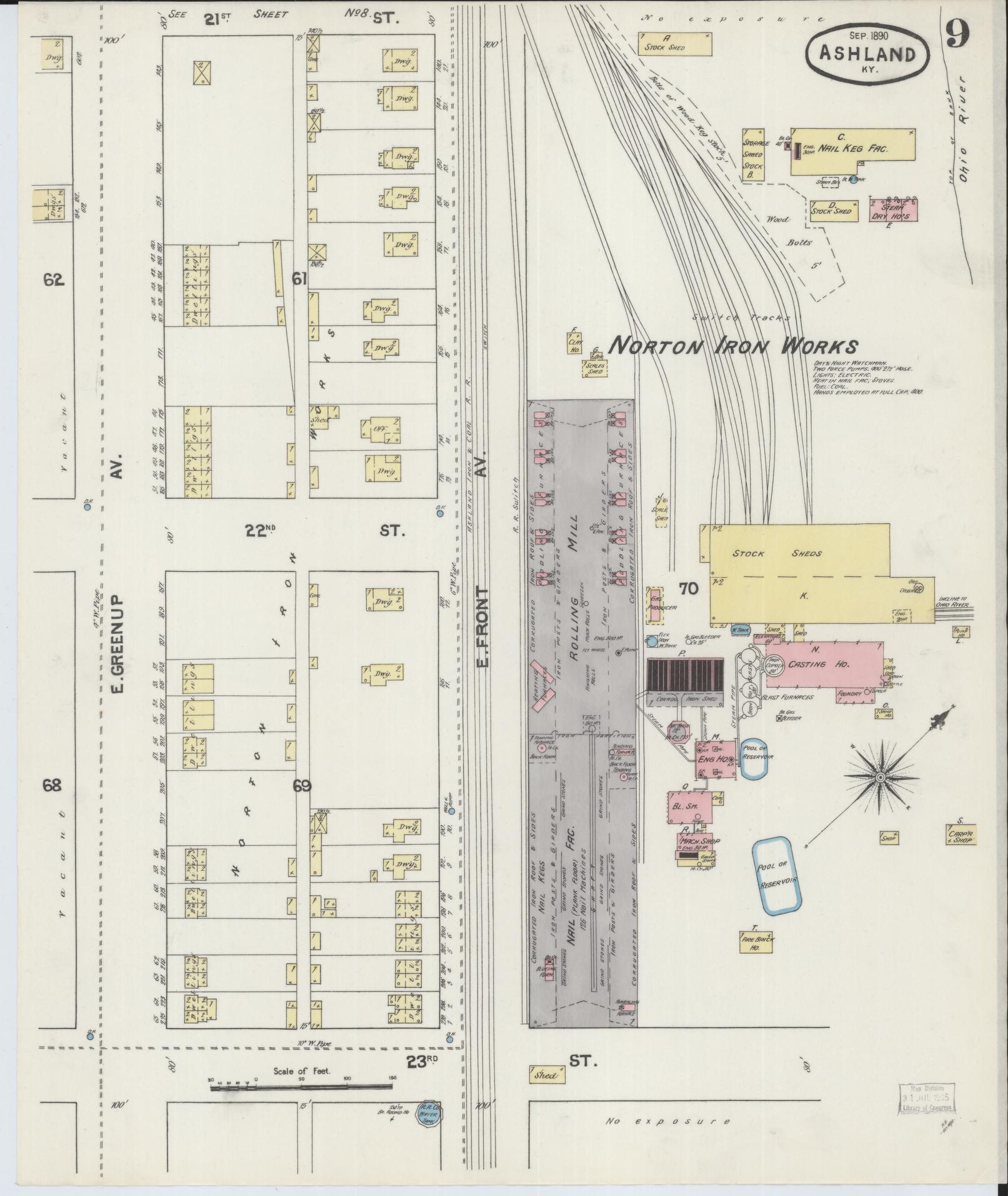 Sanborn Fire Insurance Map from Ashland, Boyd County, Kentucky (1890), Sheet #0009 - Historic Sanborn Fire Insurance Map Print, vintage old map wall art, antique decor, genealogy gift, Kentucky Kentucky map