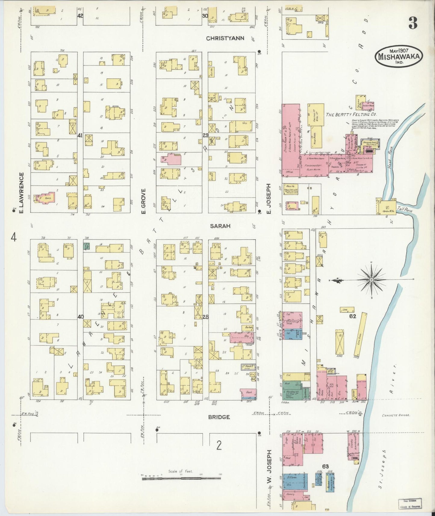 Sanborn Fire Insurance Map from Mishawaka, Saint Joseph County, Indiana (1907), Sheet #0003 - Complete Map Set gallery image, historic Sanborn map, vintage wall art, Indiana Indiana