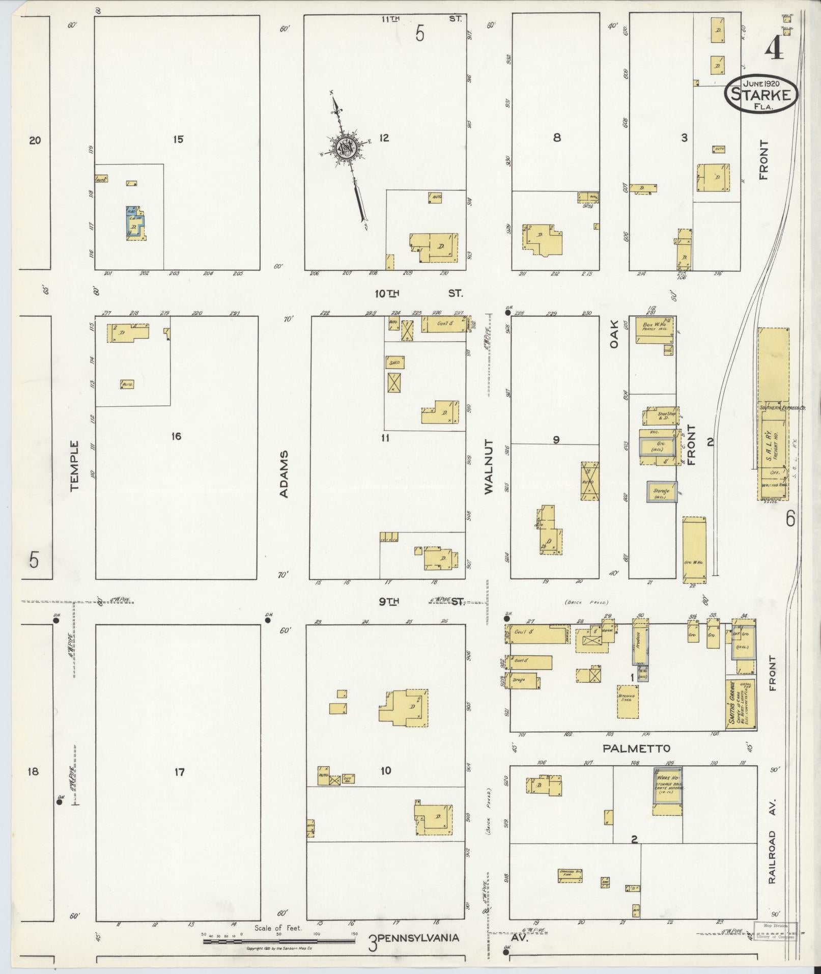 Sanborn Fire Insurance Map from Starke, Bradford County, Florida (1920), Sheet #0004 - Historic Sanborn Fire Insurance Map Print, vintage old map wall art, antique decor, genealogy gift, Florida Florida map