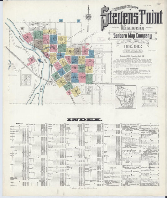 Sanborn Fire Insurance Map from Stevens Point, Portage County, Wisconsin (1912), Sheet #0001 - Historic Sanborn Fire Insurance Map Print, vintage old map wall art, antique decor, genealogy gift, Wisconsin Wisconsin map