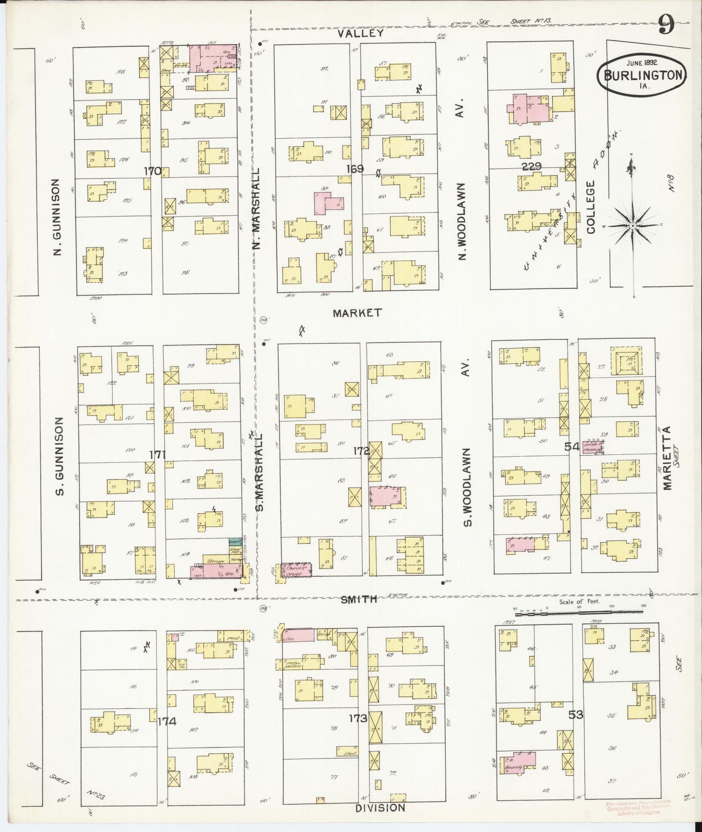 Sanborn Fire Insurance Map from Burlington, Des Moines County, Iowa (1892), Sheet #0009 - Historic Sanborn Fire Insurance Map Print, vintage old map wall art