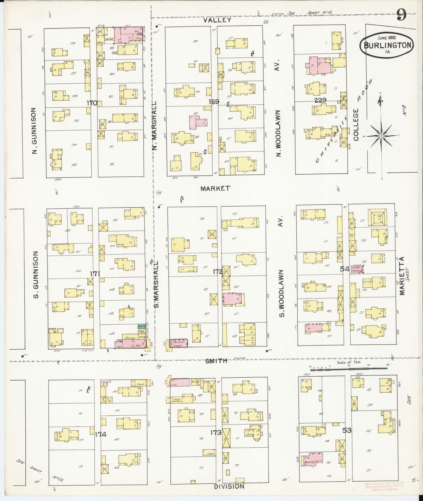 Sanborn Fire Insurance Map from Burlington, Des Moines County, Iowa (1892), Sheet #0009 - Historic Sanborn Fire Insurance Map Print, vintage old map wall art