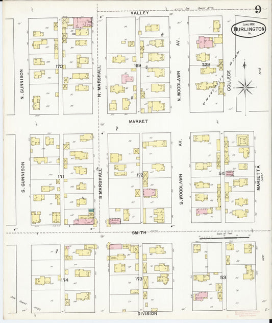Sanborn Fire Insurance Map from Burlington, Des Moines County, Iowa (1892), Sheet #0009 - Historic Sanborn Fire Insurance Map Print, vintage old map wall art
