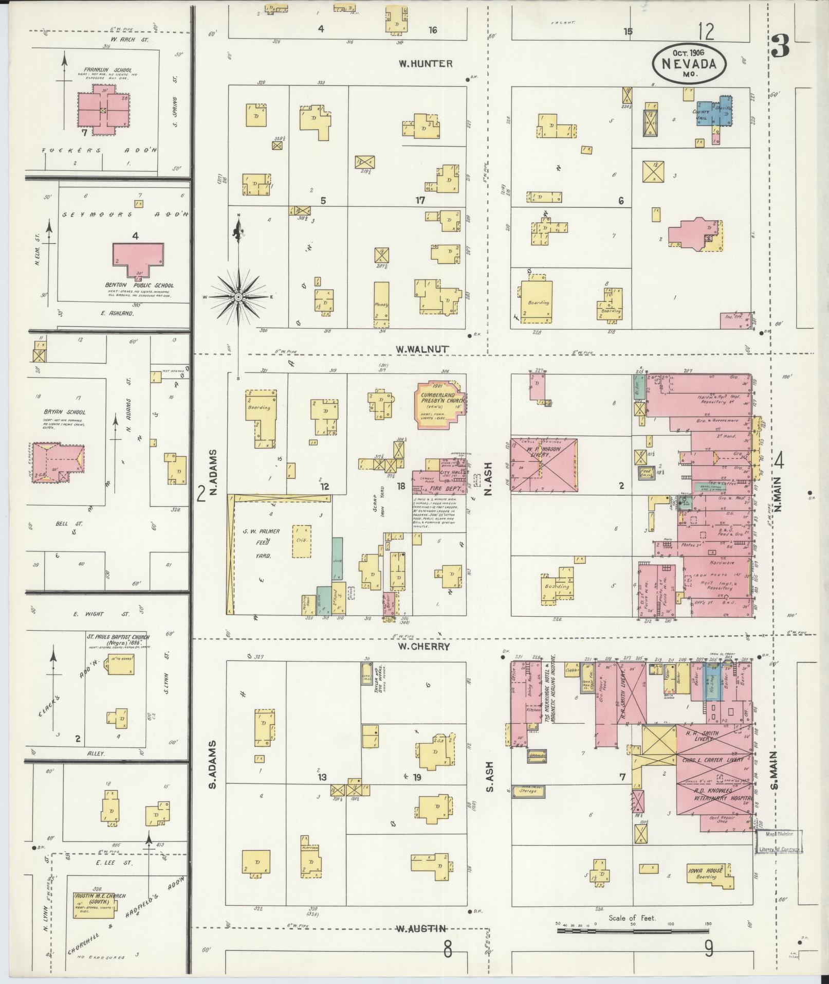 Sanborn Fire Insurance Map from Nevada, Vernon County, Missouri (1906), Sheet #0003 - Complete Map Set gallery image, historic Sanborn map, vintage wall art, Missouri Missouri