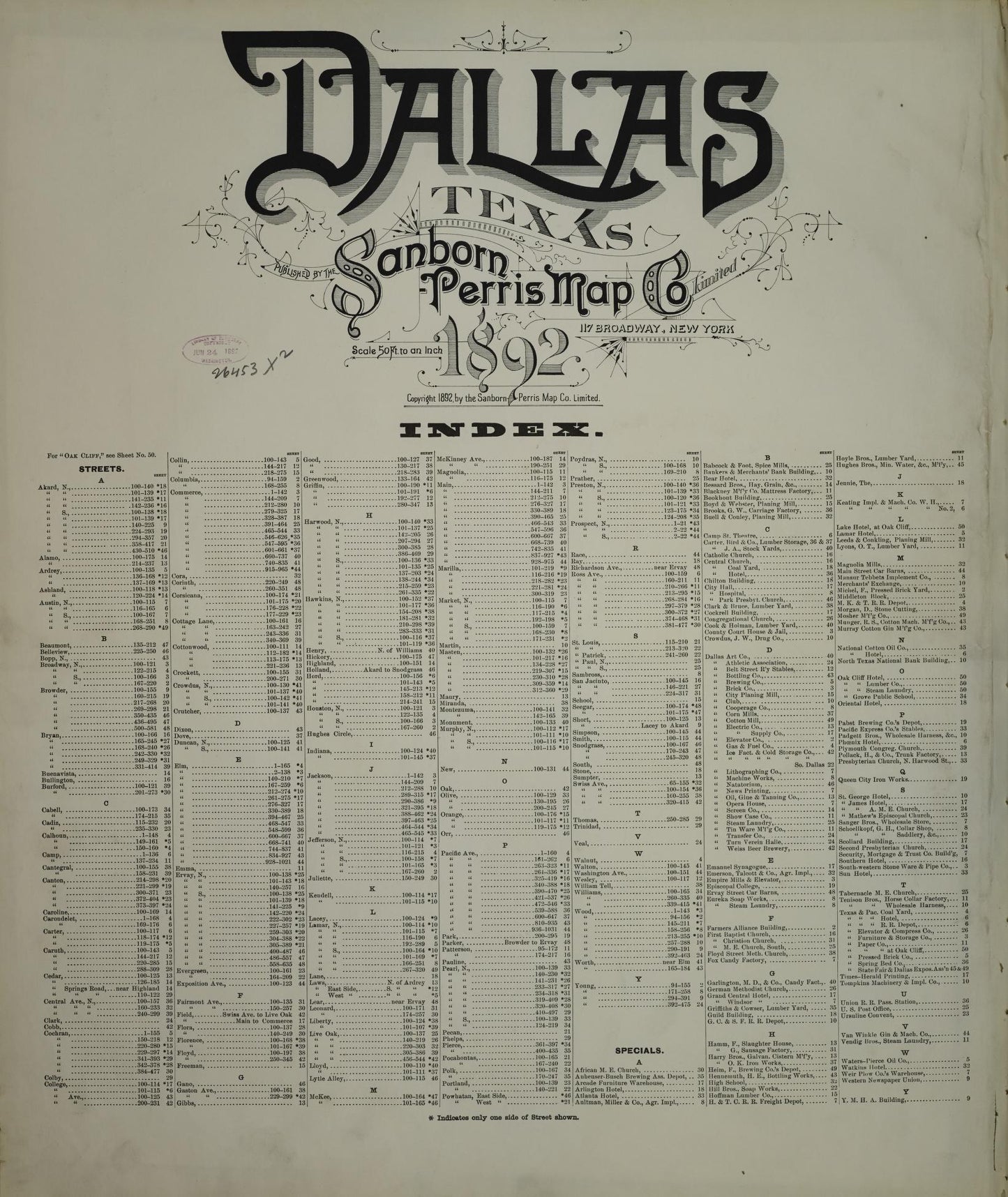 Sanborn Fire Insurance Map from Dallas, Dallas County, Texas. (1892) – Historic Sanborn Fire Insurance Map Print
