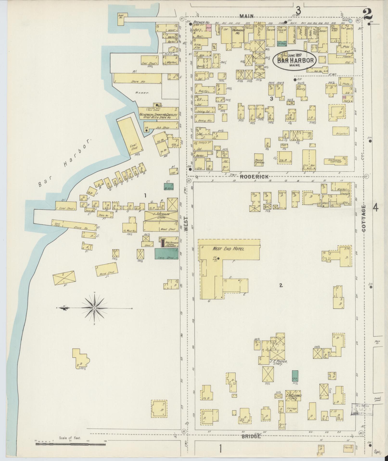 Sanborn Fire Insurance Map from Bar Harbor, Hancock County, Maine (1897), Sheet #0002 - Historic Sanborn Fire Insurance Map Print, vintage old map wall art, antique decor, genealogy gift, Maine Maine map