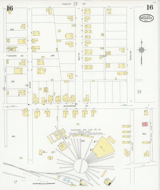 Sanborn Fire Insurance Map from Monroe, Union County, North Carolina (1930), Sheet #0016 - Historic Sanborn Fire Insurance Map Print, vintage old map wall art, antique decor, genealogy gift, North Carolina North Carolina map