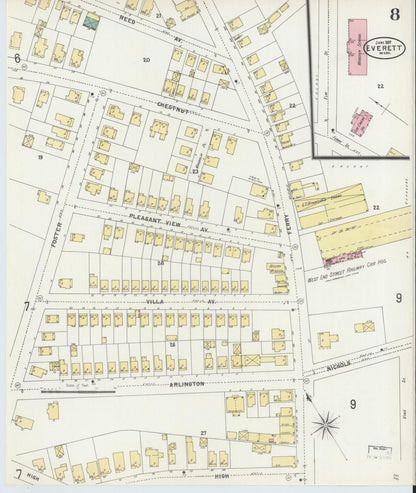 Sanborn Fire Insurance Map from Everett, Middlesex County, Massachusetts (1897), Sheet #0008 - Historic Sanborn Fire Insurance Map Print, vintage old map wall art, antique decor, genealogy gift, Massachusetts Massachusetts map