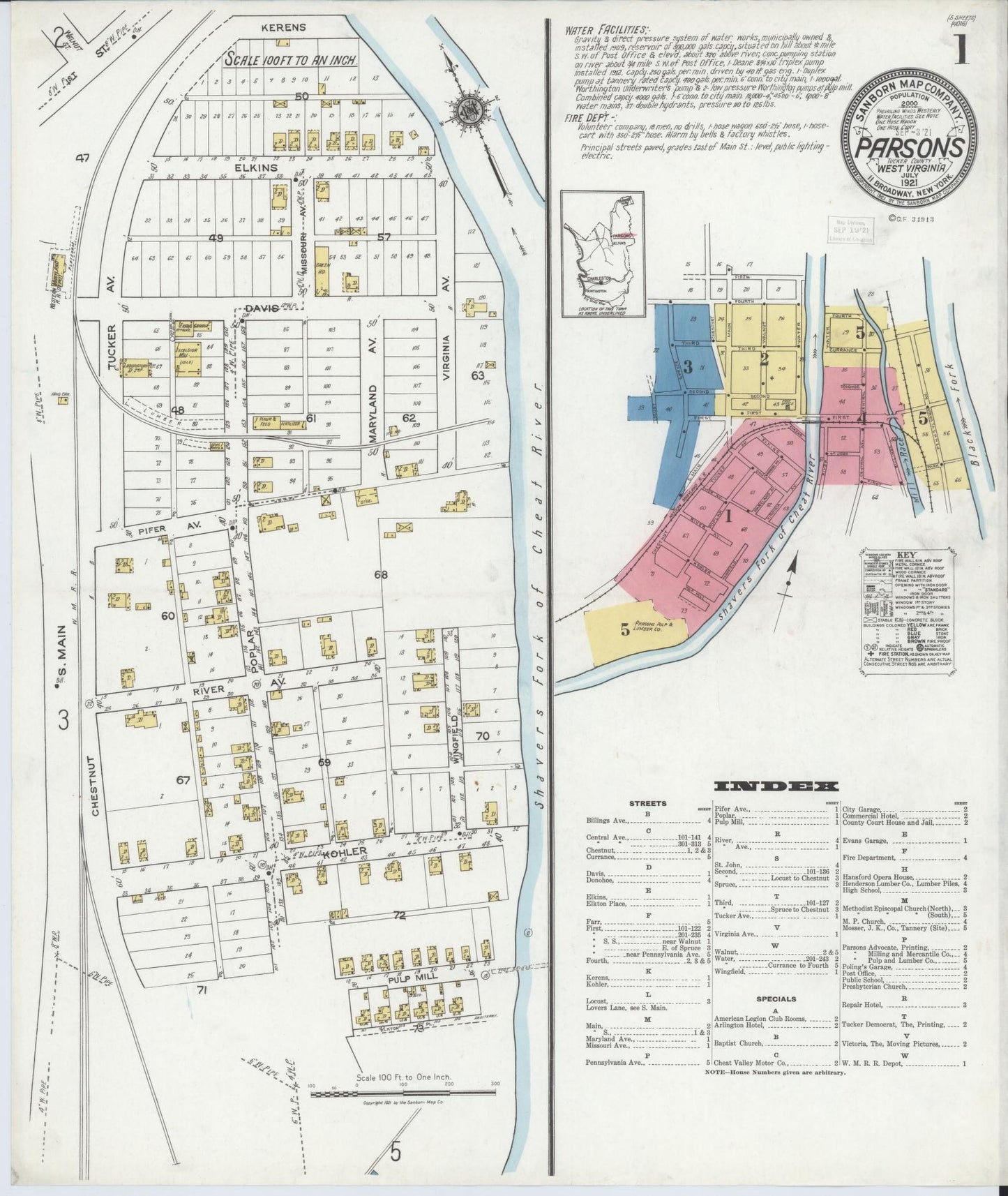 Sanborn Fire Insurance Map from Parsons, Tucker County, West Virginia (1921), Sheet #0001 - Complete Map Set gallery image, historic Sanborn map, vintage wall art, West Virginia West Virginia