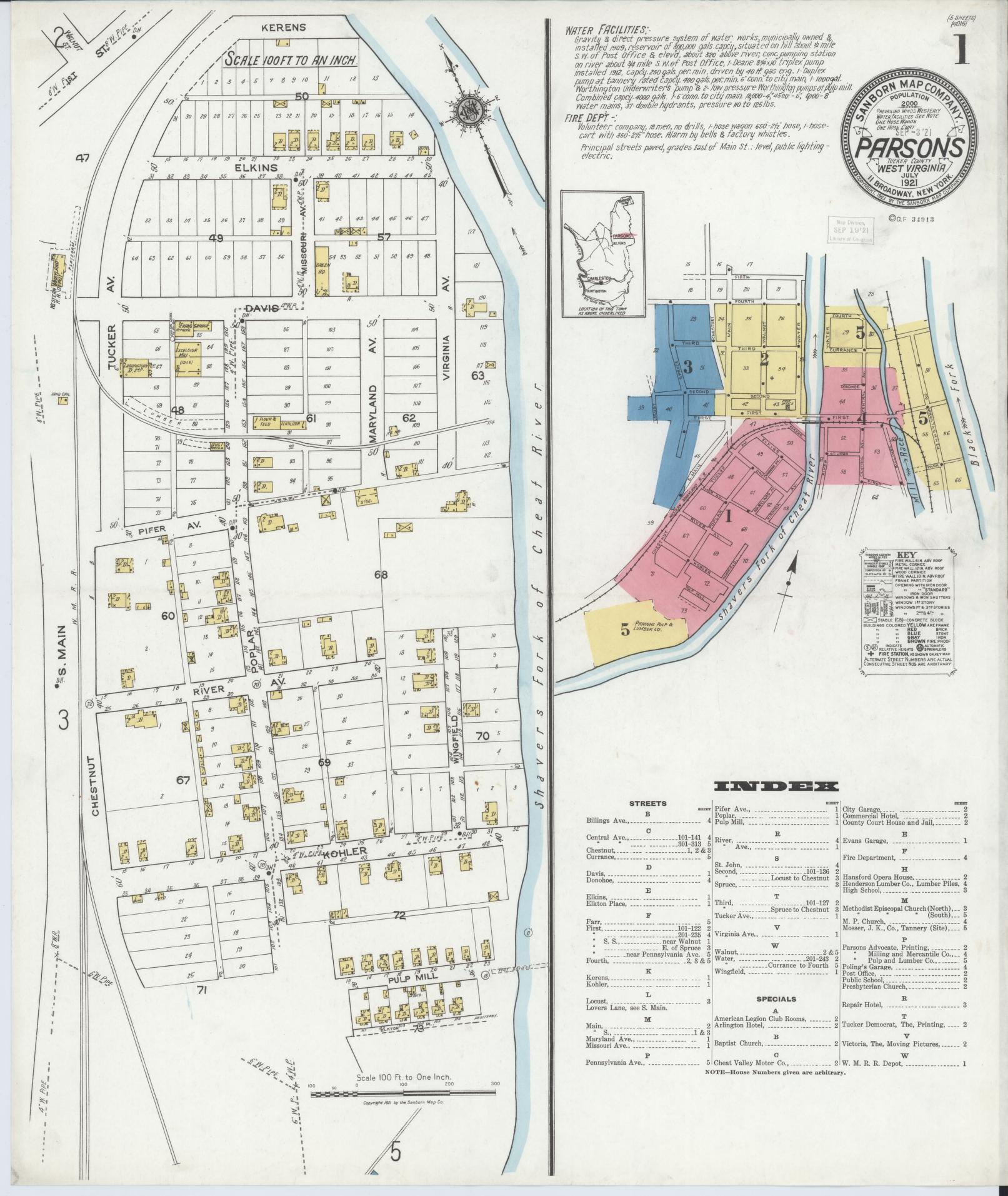 Sanborn Fire Insurance Map from Parsons, Tucker County, West Virginia (1921), Sheet #0001 - Complete Map Set gallery image, historic Sanborn map, vintage wall art, West Virginia West Virginia