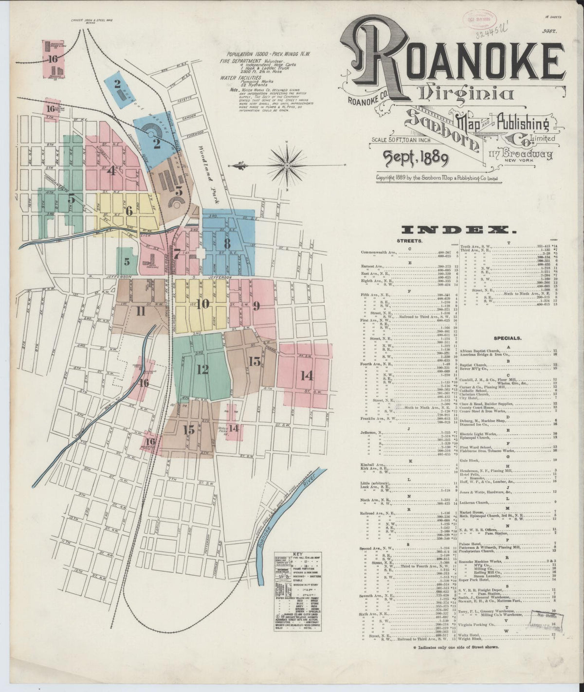 Sanborn Fire Insurance Map from Roanoke, Independent Cities, Virginia (1889), Sheet #0001 - Complete Map Set gallery image, historic Sanborn map, vintage wall art, Virginia Virginia