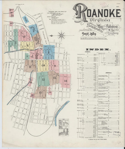 Sanborn Fire Insurance Map from Roanoke, Independent Cities, Virginia (1889), Sheet #0001 - Complete Map Set gallery image, historic Sanborn map, vintage wall art, Virginia Virginia