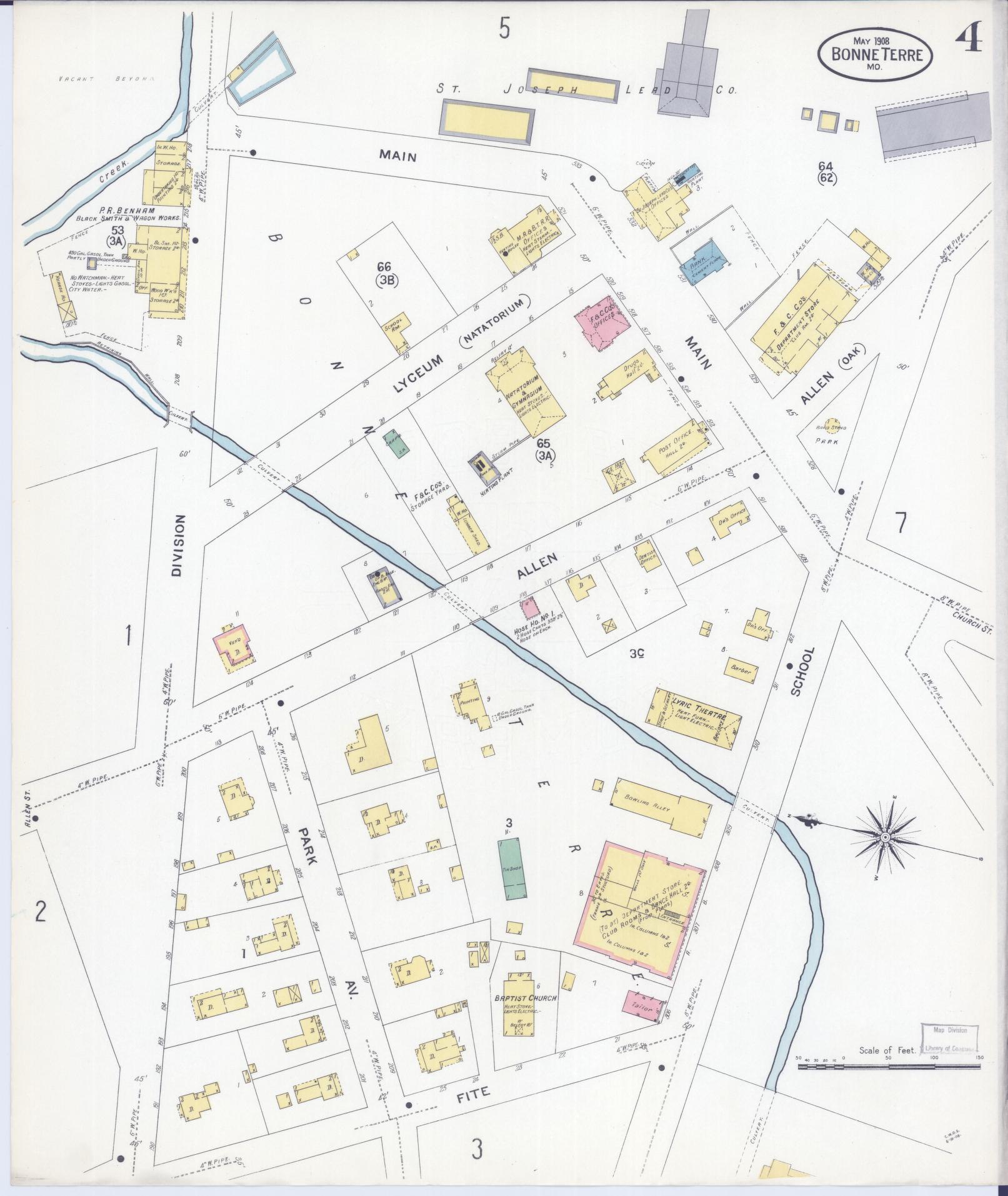 Sanborn Fire Insurance Map from Bonne Terre, Saint Francois County, Missouri (1908), Sheet #0004 - Complete Map Set gallery image, historic Sanborn map, vintage wall art, Missouri Missouri