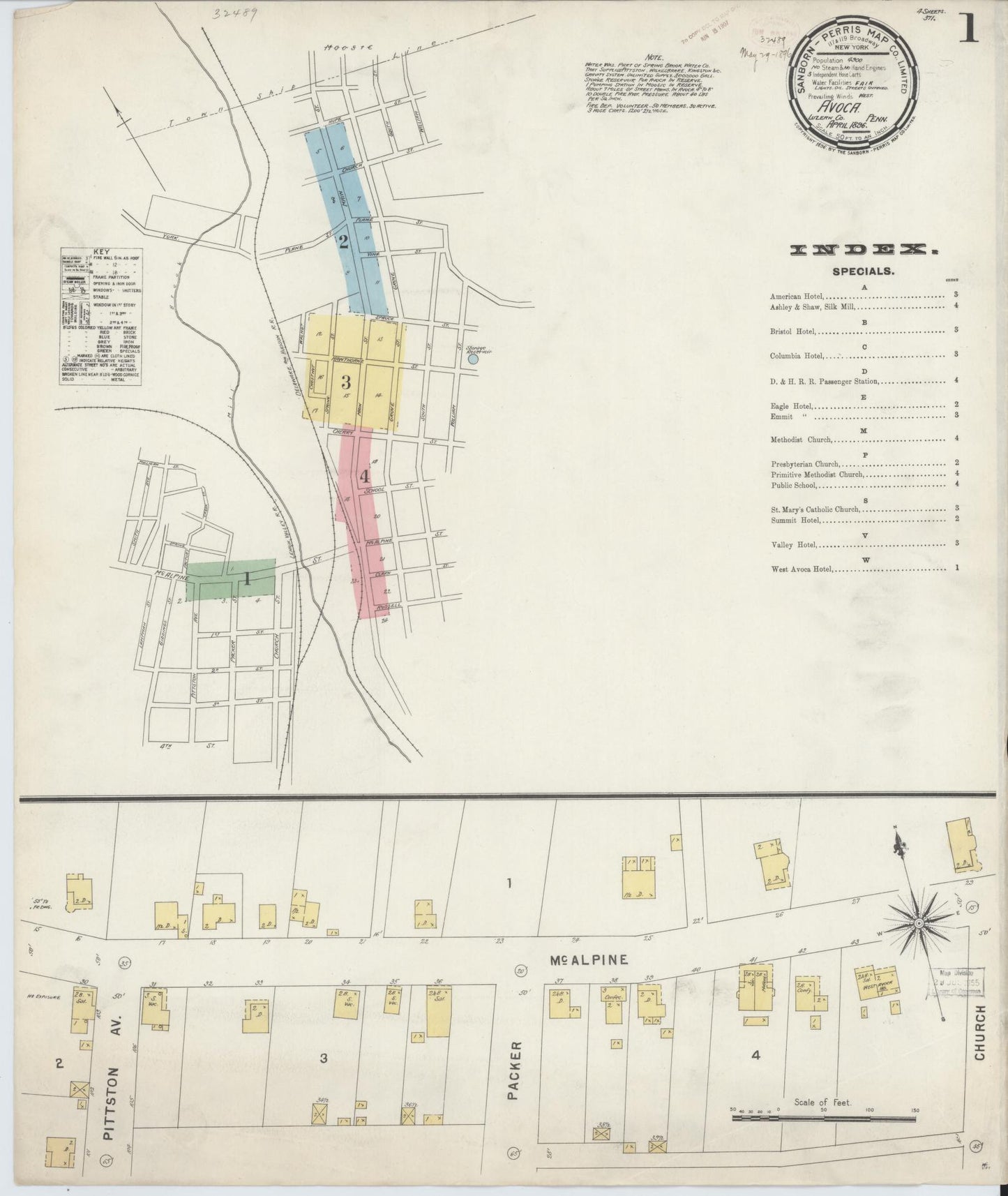 Sanborn Fire Insurance Map from Avoca, Luzerne County, Pennsylvania (1896), Sheet #0001 - Historic Sanborn Fire Insurance Map Print, vintage old map wall art, antique decor, genealogy gift, Pennsylvania Pennsylvania map