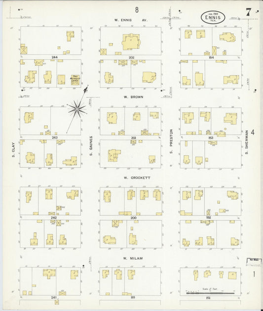 Sanborn Fire Insurance Map from Ennis, Ellis County, Texas (1909), Sheet #0007 - Historic Sanborn Fire Insurance Map Print, vintage old map wall art, antique decor, genealogy gift, Texas Texas map