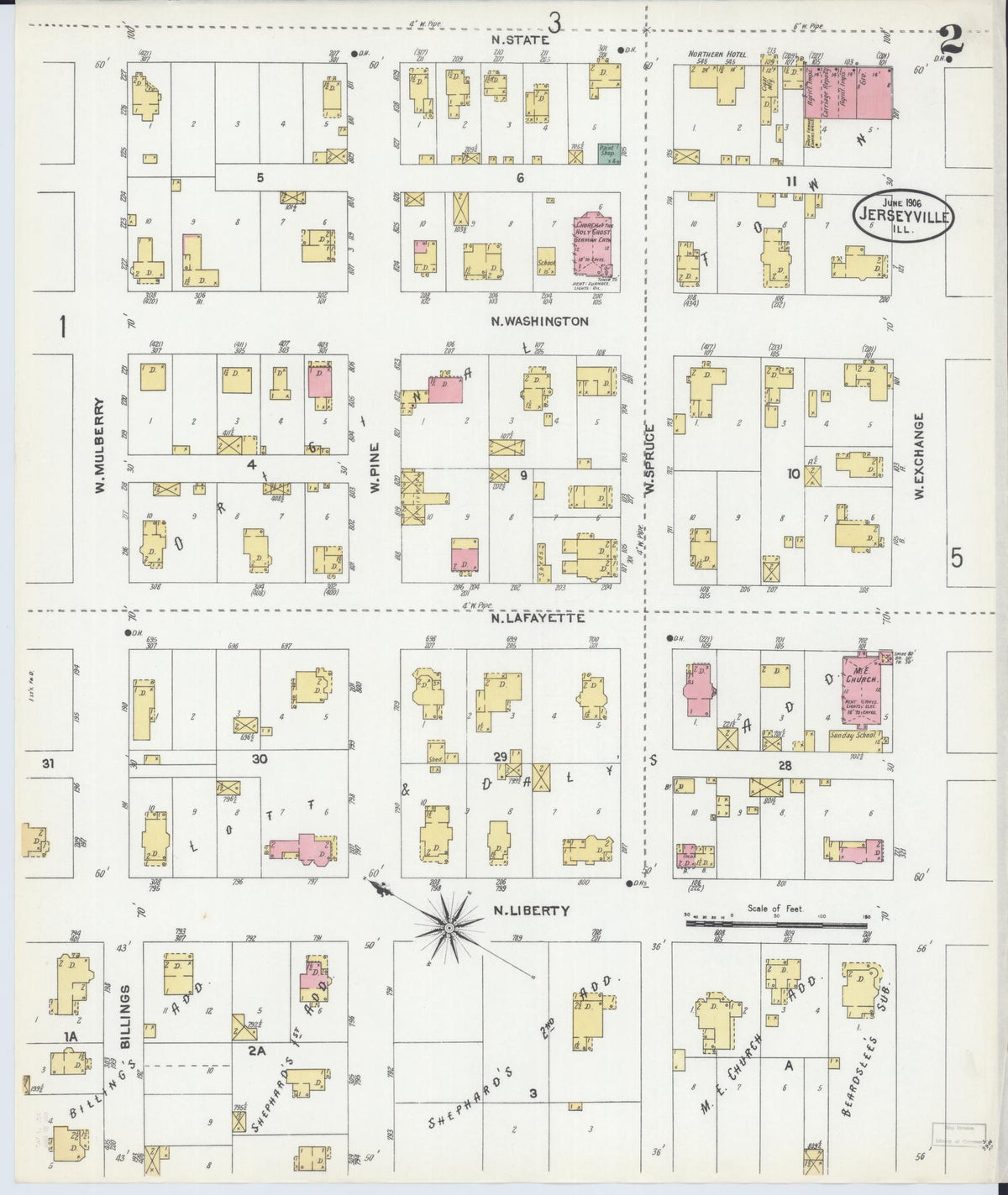 Sanborn Fire Insurance Map from Jerseyville, Jersey County, Illinois (1906), Sheet #0002 - Complete Map Set gallery image, historic Sanborn map, vintage wall art, Illinois Illinois
