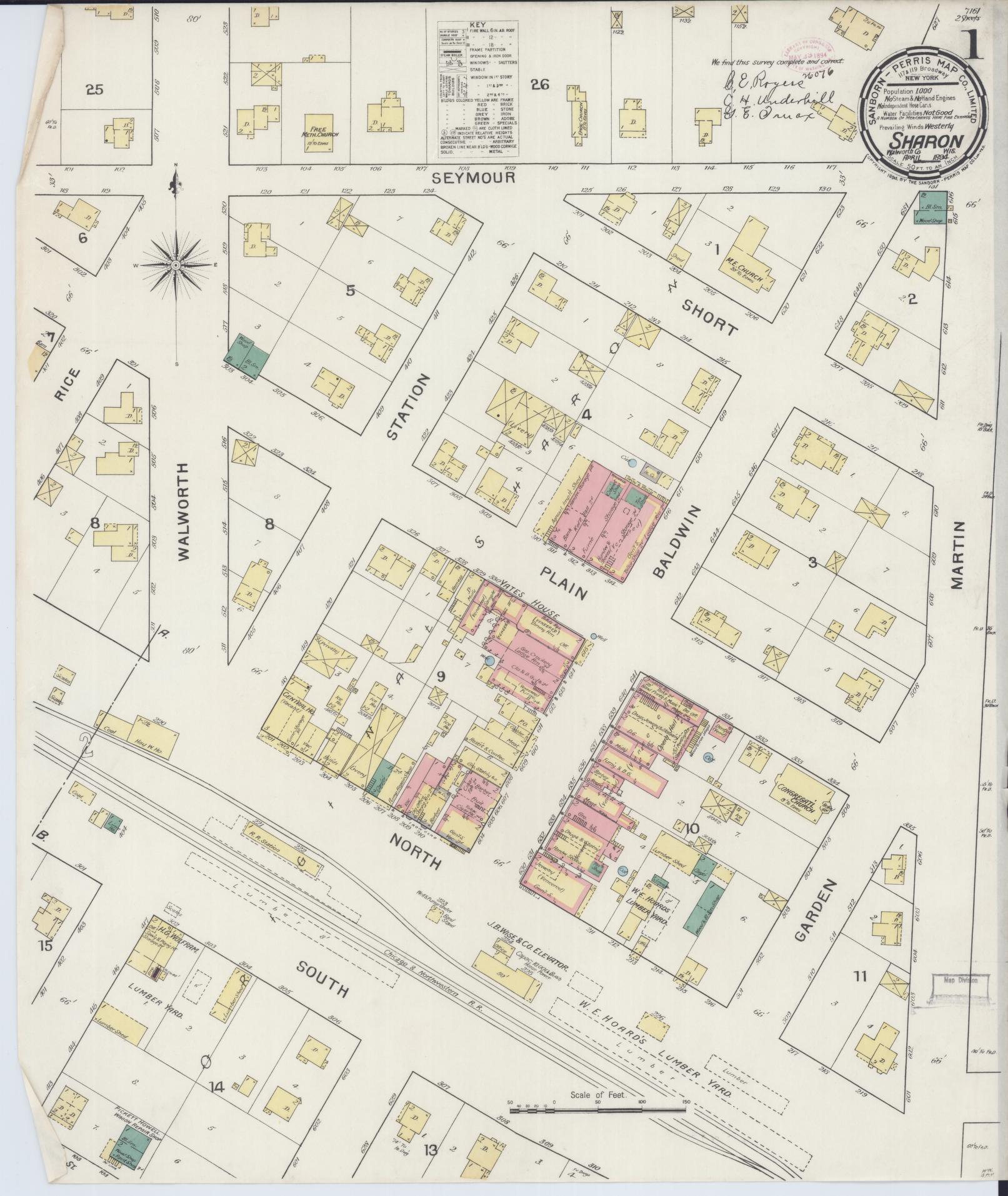 Sanborn Fire Insurance Map from Sharon, Walworth County, Wisconsin (1894), Sheet #0001 - Historic Sanborn Fire Insurance Map Print, vintage old map wall art, antique decor, genealogy gift, Wisconsin Wisconsin map