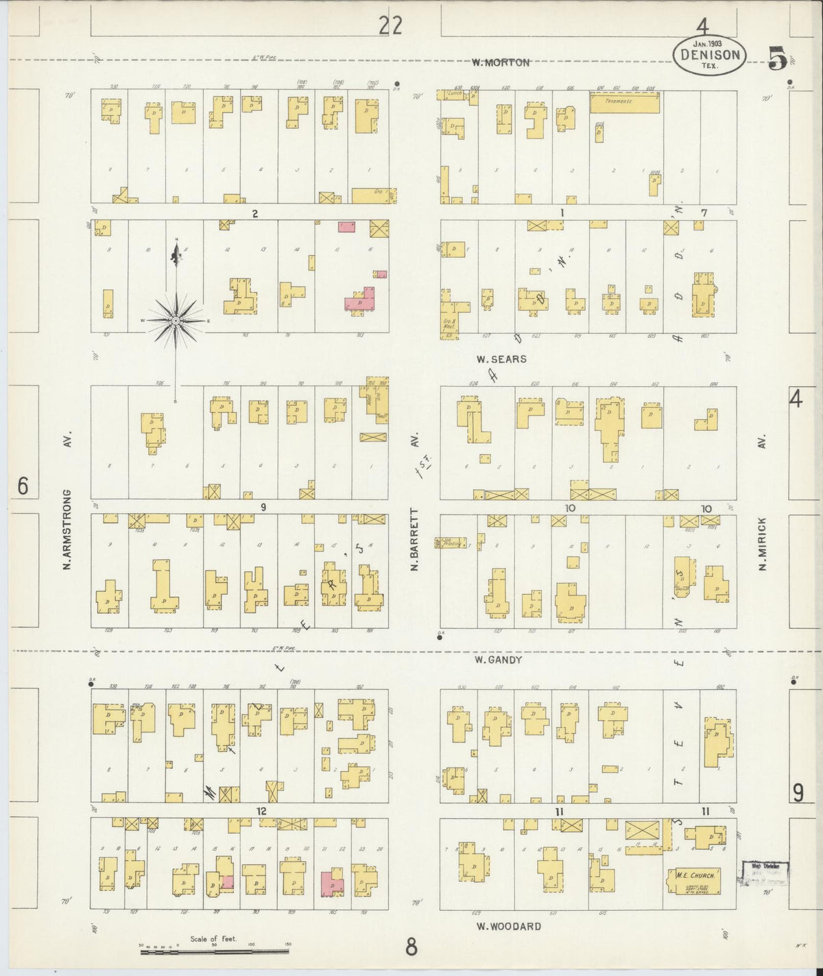 Sanborn Fire Insurance Map from Denison, Grayson County, Texas (1903), Sheet #0005 - Historic Sanborn Fire Insurance Map Print, vintage old map wall art, antique decor, genealogy gift, Texas Texas map