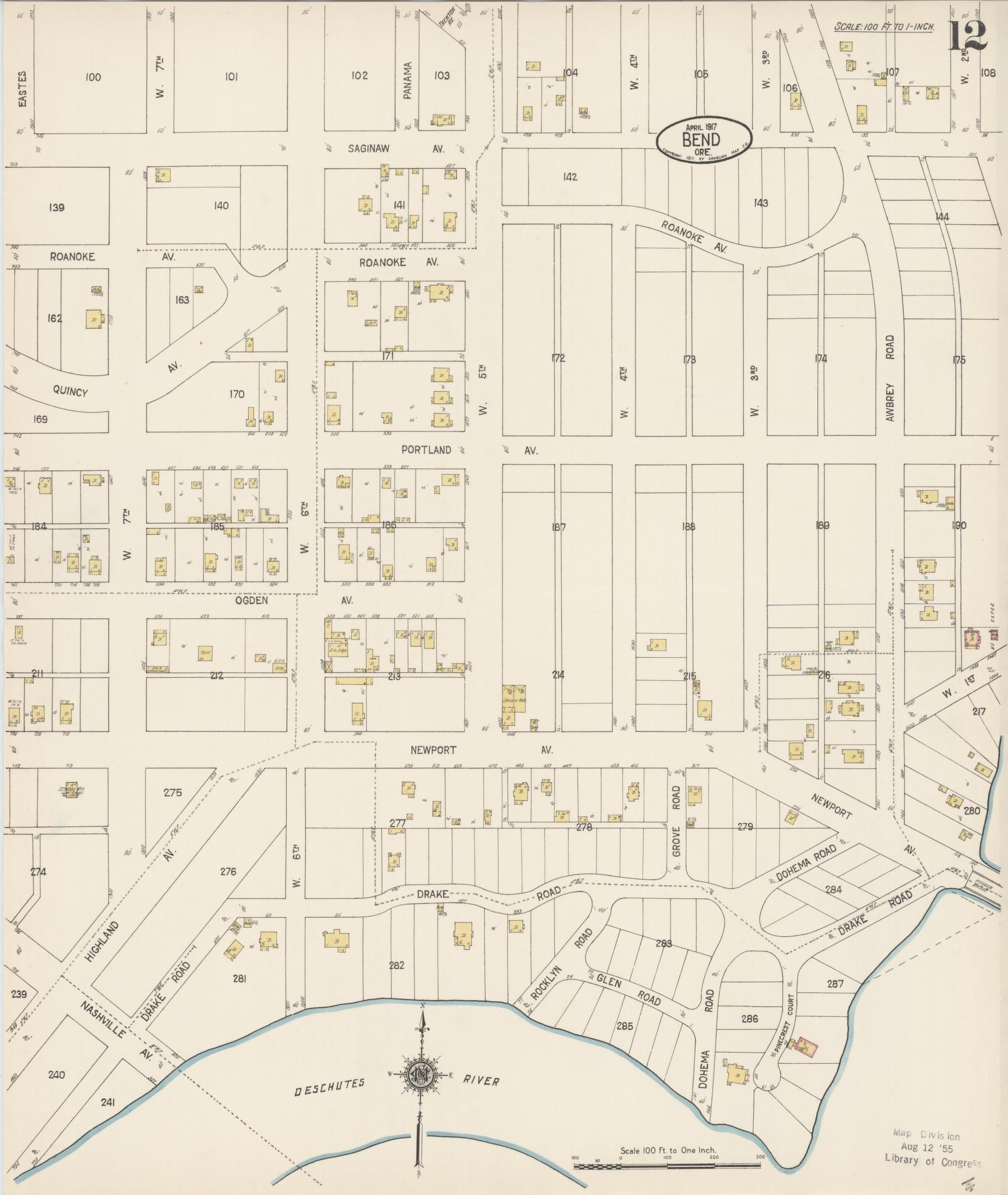Sanborn Fire Insurance Map from Bend, Deschutes County, Oregon (1917), Sheet #0012 - Historic Sanborn Fire Insurance Map Print, vintage old map wall art, antique decor, genealogy gift, Oregon Oregon map