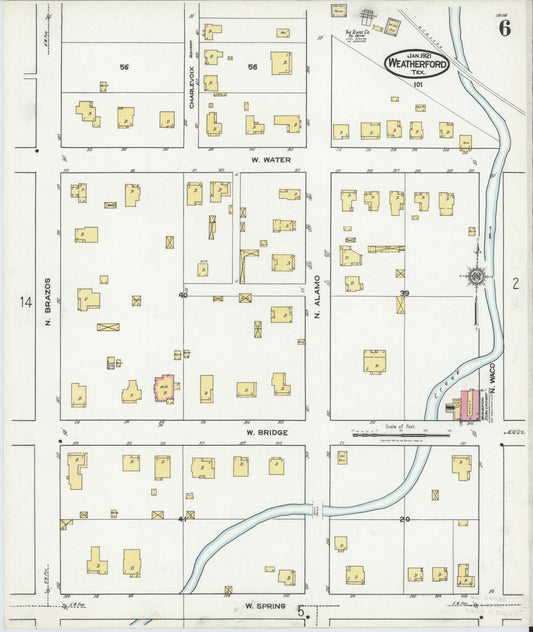 Sanborn Fire Insurance Map from Weatherford, Parker County, Texas (1921), Sheet #0006 - Historic Sanborn Fire Insurance Map Print, vintage old map wall art, antique decor, genealogy gift, Texas Texas map