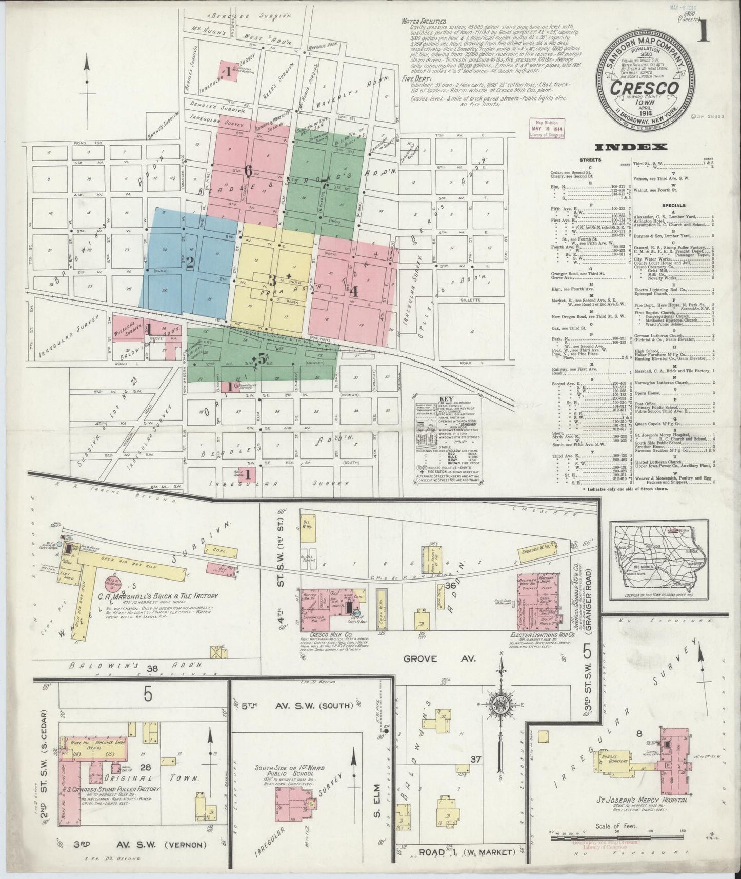 Sanborn Fire Insurance Map from Cresco, Howard County, Iowa (1914), Sheet #0001 - Historic Sanborn Fire Insurance Map Print, vintage old map wall art