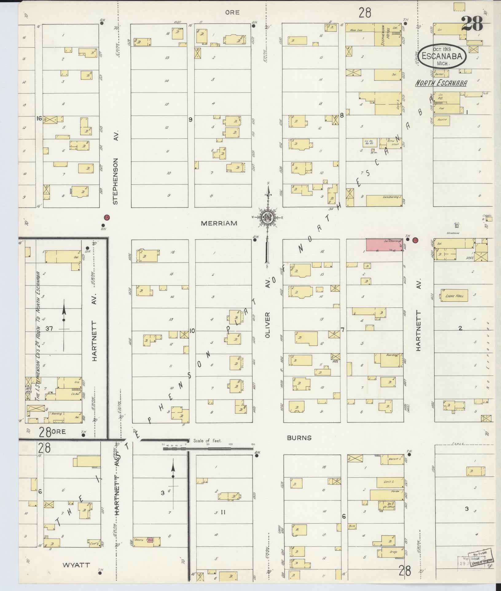 Sanborn Fire Insurance Map from Escanaba, Delta County, Michigan (1913), Sheet #0028 - Complete Map Set gallery image, historic Sanborn map, vintage wall art, Michigan Michigan