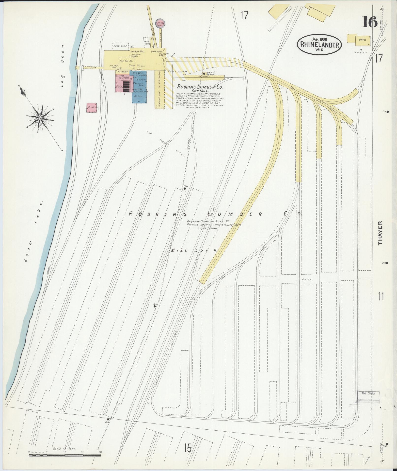 Sanborn Fire Insurance Map from Rhinelander, Oneida County, Wisconsin (1908), Sheet #0016 - Complete Map Set gallery image, historic Sanborn map, vintage wall art, Wisconsin Wisconsin
