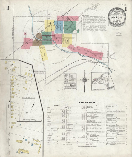Sanborn Fire Insurance Map from Akron, Erie County, New York (1923), Sheet #0001 - Historic Sanborn Fire Insurance Map Print, vintage old map wall art, antique decor, genealogy gift, New York New York map