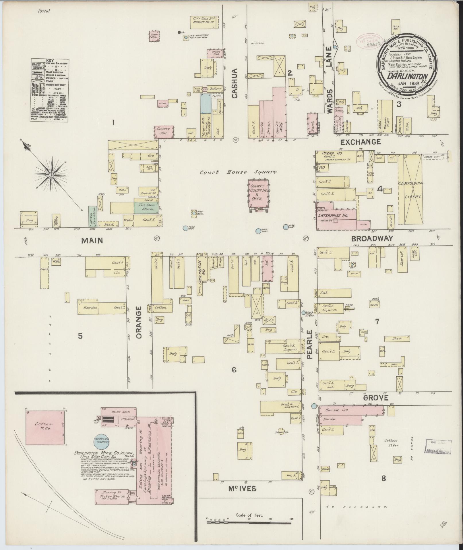 Sanborn Fire Insurance Map from Darlington, Darlington County, South Carolina (1889), Sheet #0001 - Historic Sanborn Fire Insurance Map Print, vintage old map wall art, antique decor, genealogy gift, South Carolina South Carolina map