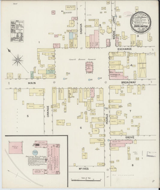 Sanborn Fire Insurance Map from Darlington, Darlington County, South Carolina (1889), Sheet #0001 - Historic Sanborn Fire Insurance Map Print, vintage old map wall art, antique decor, genealogy gift, South Carolina South Carolina map