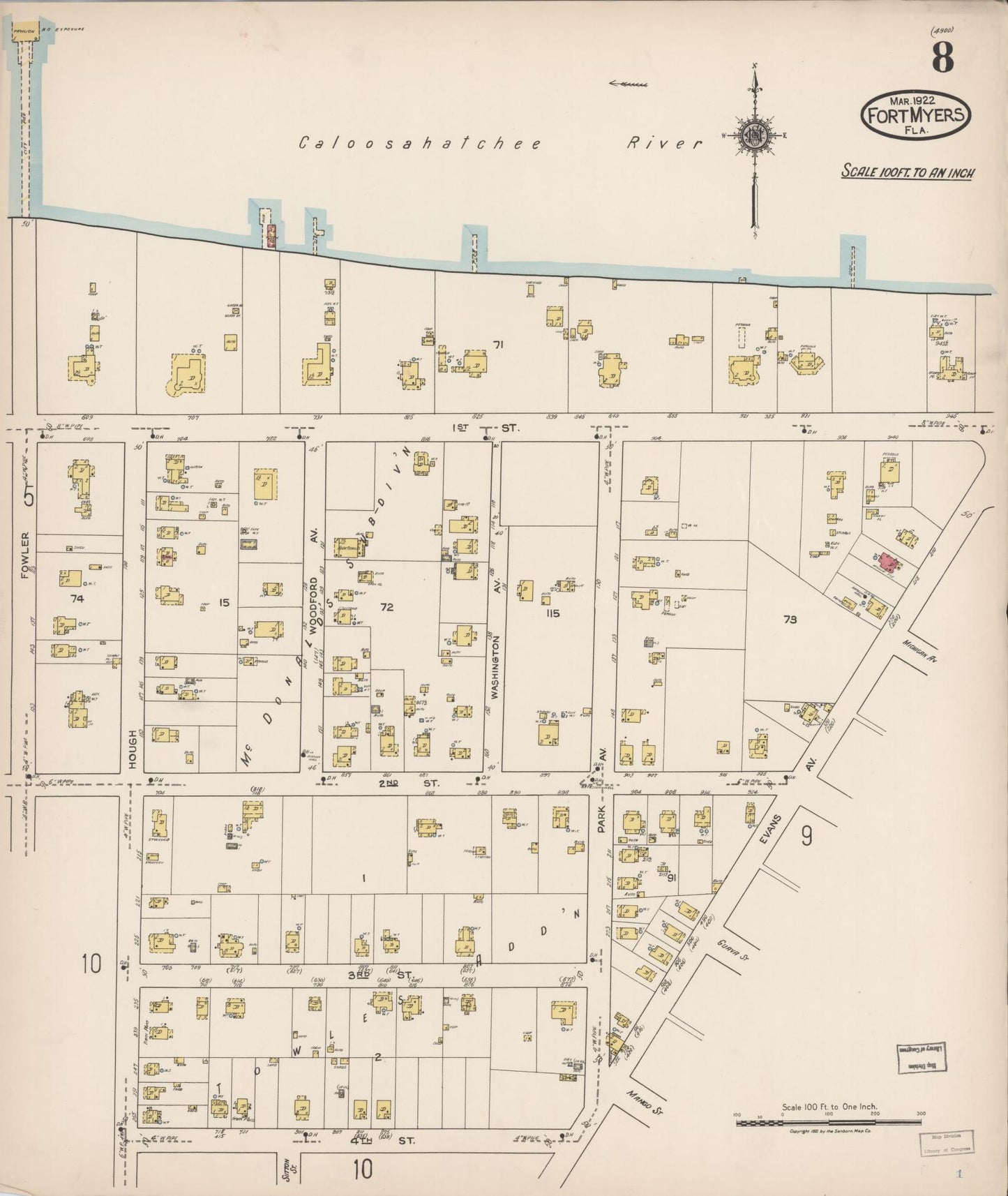 Sanborn Fire Insurance Map from Fort Myers, Lee County, Florida (1922), Sheet #0008 - Complete Map Set gallery image, historic Sanborn map, vintage wall art, Florida Florida