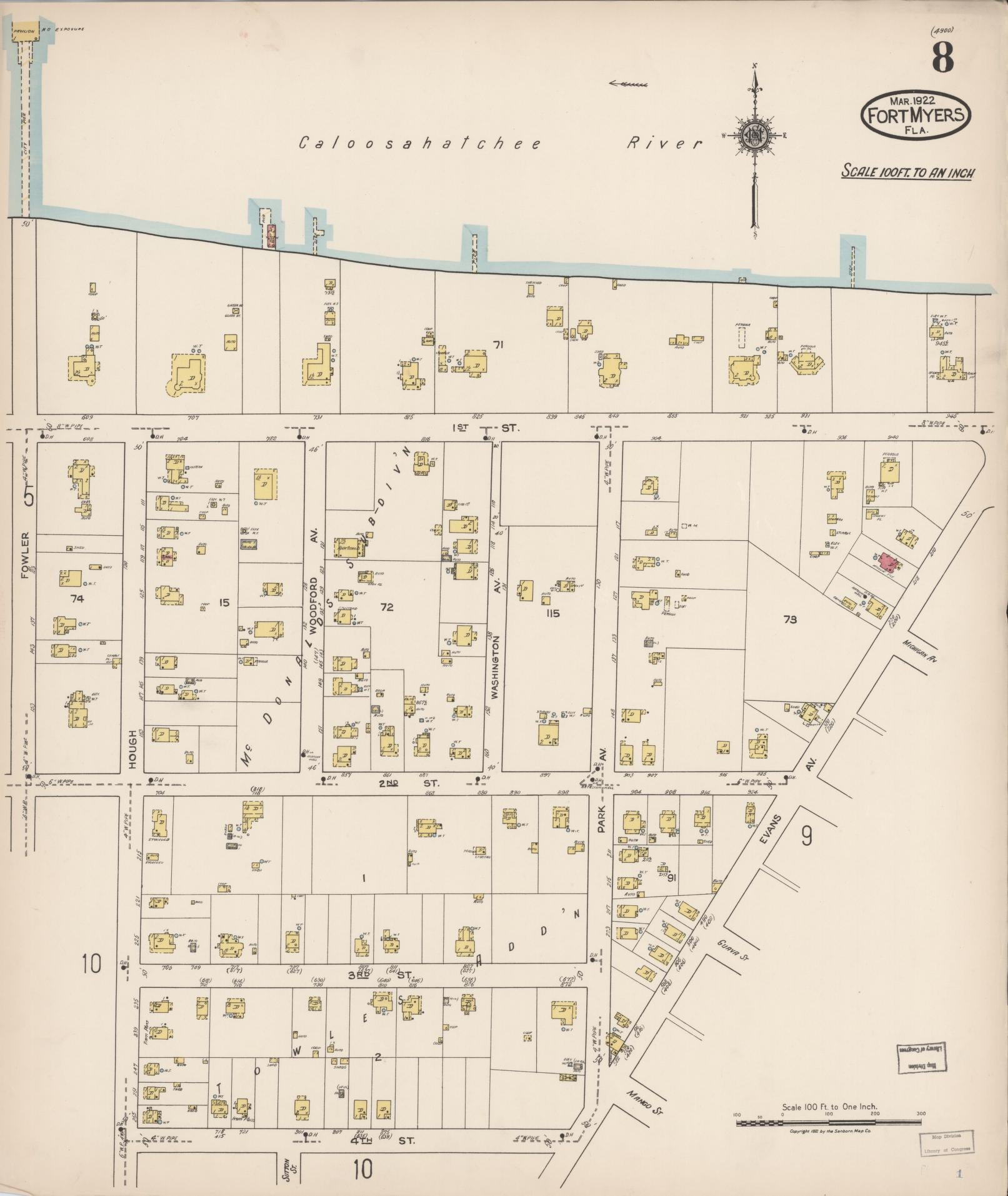 Sanborn Fire Insurance Map from Fort Myers, Lee County, Florida (1922), Sheet #0008 - Complete Map Set gallery image, historic Sanborn map, vintage wall art, Florida Florida