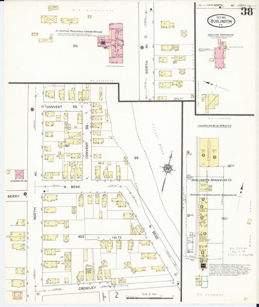 Sanborn Fire Insurance Map from Burlington, Chittenden County, Vermont (1912), Sheet #0038 - Historic Sanborn Fire Insurance Map Print, vintage old map wall art, antique decor, genealogy gift, Vermont Vermont map