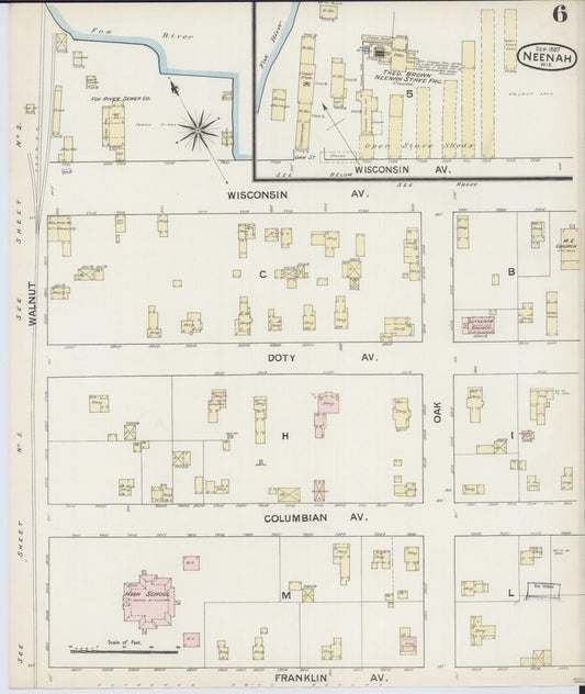 Sanborn Fire Insurance Map from Neenah, Winnebago County, Wisconsin (1887), Sheet #0006 - Historic Sanborn Fire Insurance Map Print, vintage old map wall art, antique decor, genealogy gift, Wisconsin Wisconsin map