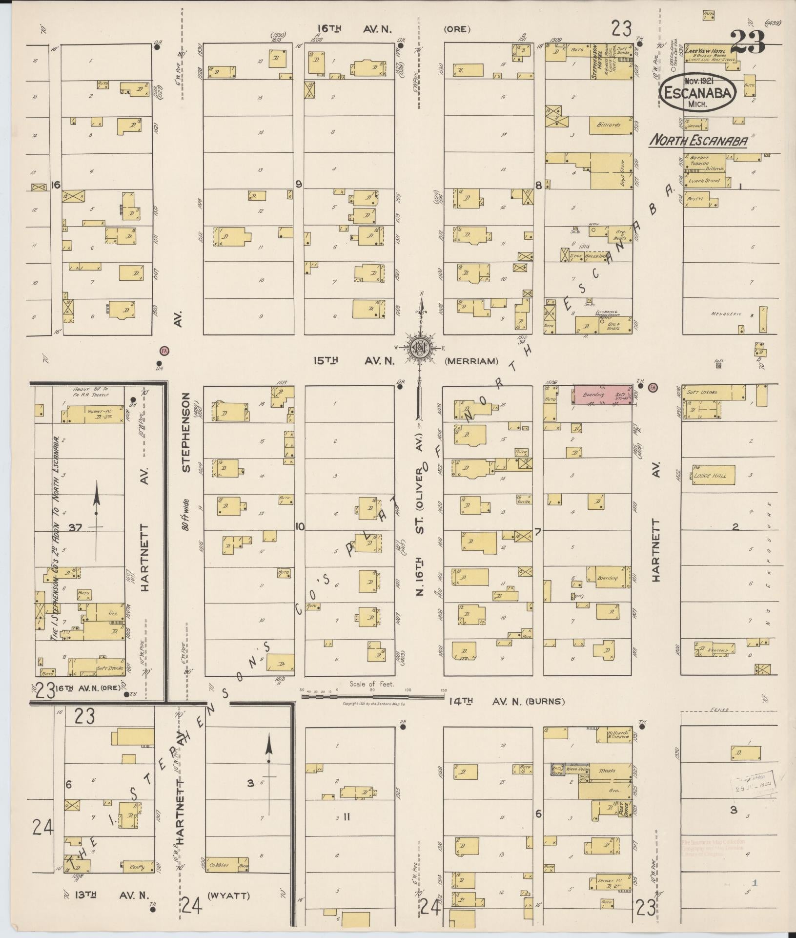 Sanborn Fire Insurance Map from Escanaba, Delta County, Michigan (1921), Sheet #0023 - Historic Sanborn Fire Insurance Map Print, vintage old map wall art, antique decor, genealogy gift, Michigan Michigan map