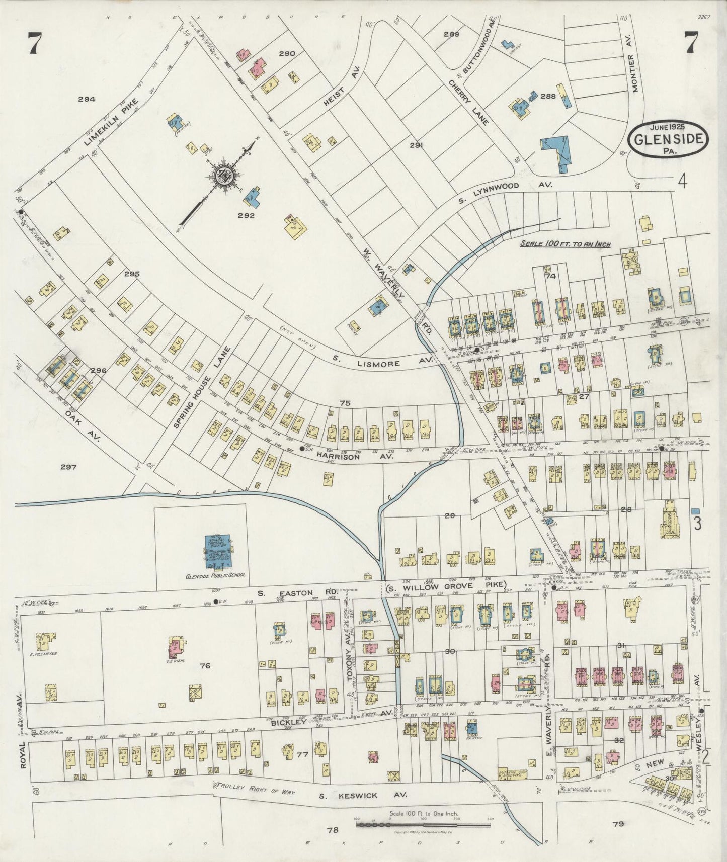 Sanborn Fire Insurance Map from Glenside, Montgomery County, Pennsylvania (1925), Sheet #0007 - Historic Sanborn Fire Insurance Map Print, vintage old map wall art, antique decor, genealogy gift, Pennsylvania Pennsylvania map
