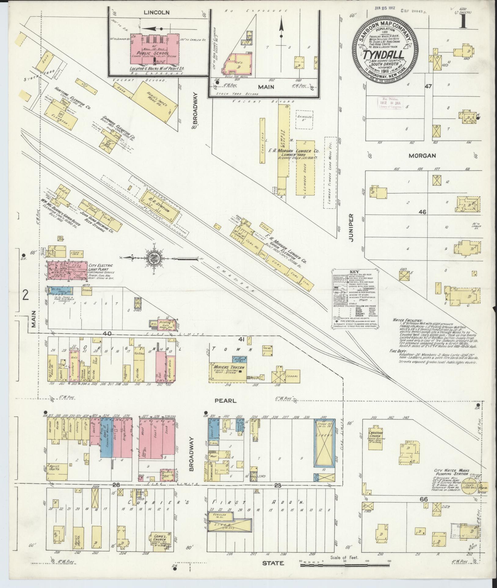Sanborn Fire Insurance Map from Tyndall, Bon Homme County, South Dakota (1911), Sheet #0001 - Complete Map Set gallery image, historic Sanborn map, vintage wall art, South Dakota South Dakota
