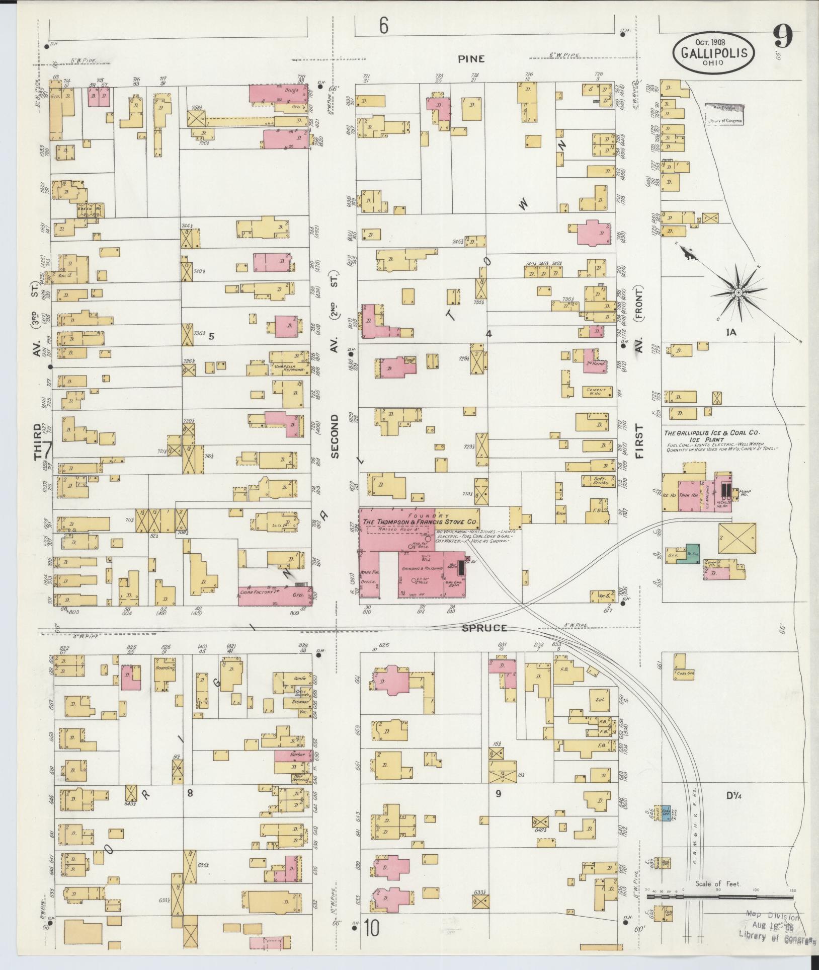 Sanborn Fire Insurance Map from Gallipolis, Gallia County, Ohio (1908), Sheet #0009 - Complete Map Set gallery image, historic Sanborn map, vintage wall art, Ohio Ohio