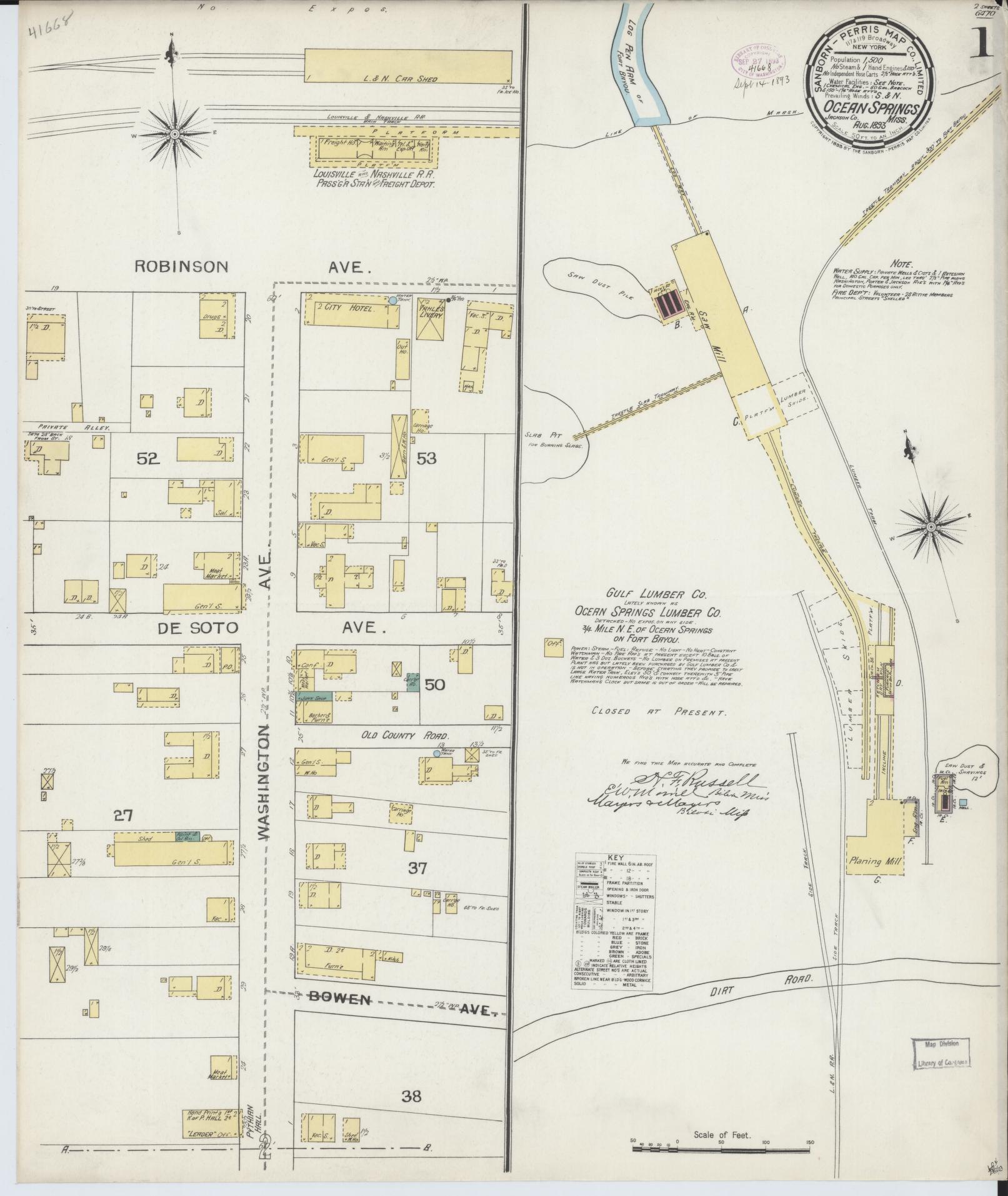 Sanborn Fire Insurance Map from Ocean Springs, Jackson County, Mississippi (1893), Sheet #0001 - Complete Map Set gallery image, historic Sanborn map, vintage wall art, Mississippi Mississippi
