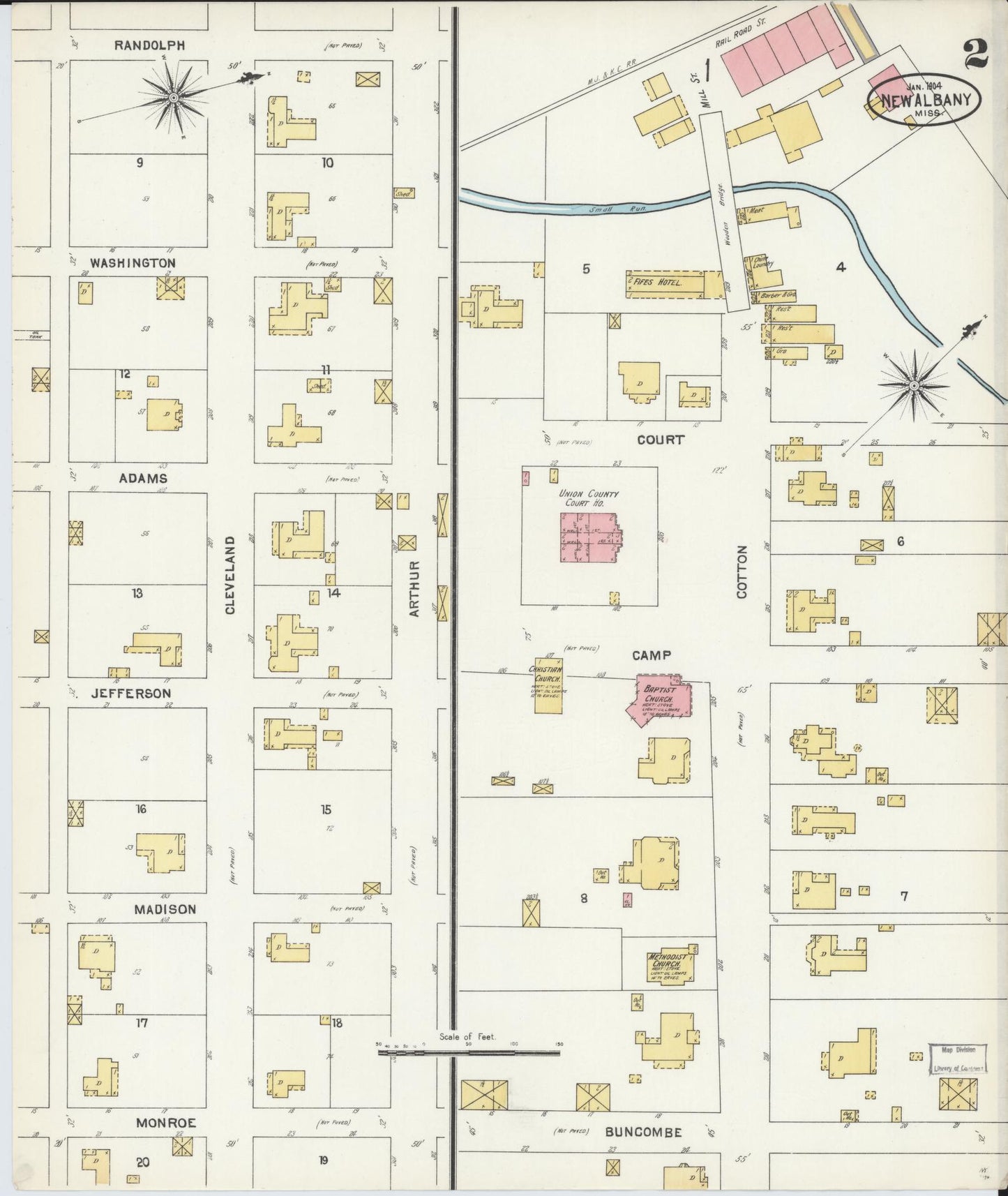 Sanborn Fire Insurance Map from New Albany, Union County, Mississippi (1904), Sheet #0002 - Complete Map Set gallery image, historic Sanborn map, vintage wall art, Mississippi Mississippi