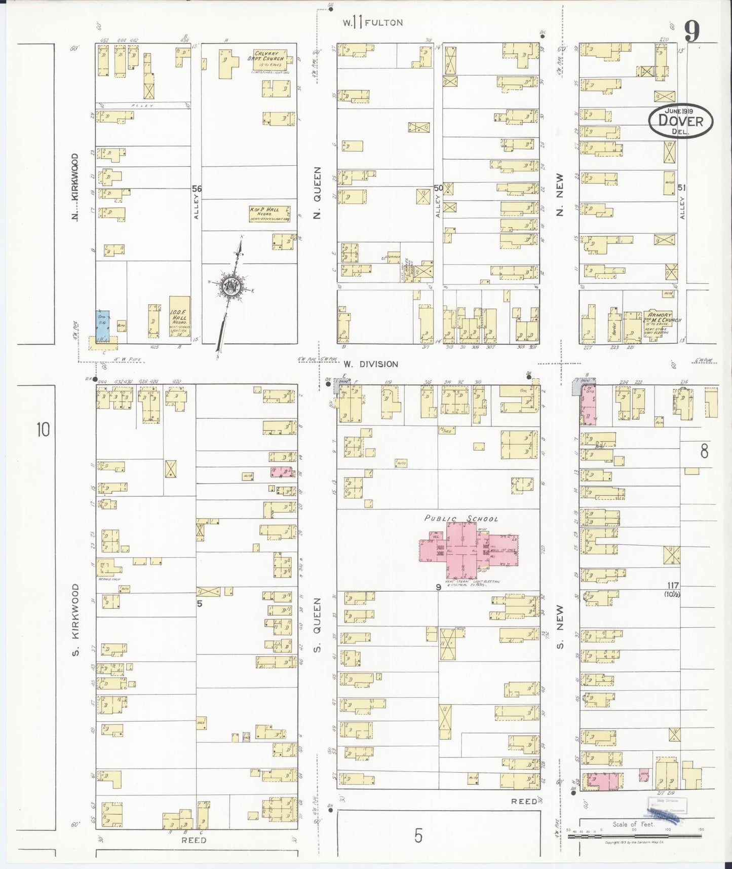 Sanborn Fire Insurance Map from Dover, Kent County, Delaware (1919), Sheet #0009 - Historic Sanborn Fire Insurance Map Print, vintage old map wall art, antique decor, genealogy gift, Delaware Delaware map