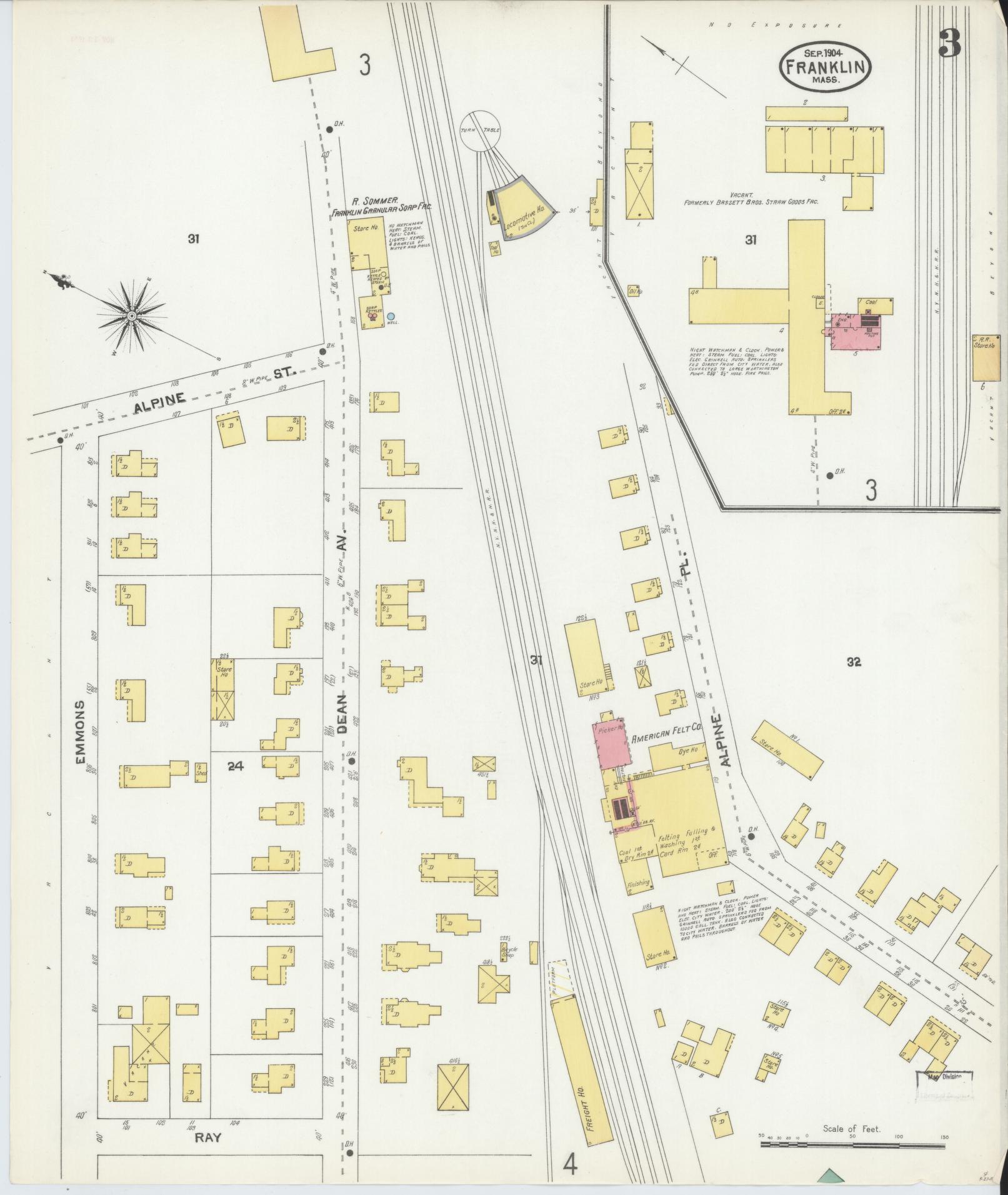 Sanborn Fire Insurance Map from Franklin, Norfolk County, Massachusetts (1904), Sheet #0003 - Complete Map Set gallery image, historic Sanborn map, vintage wall art, Massachusetts Massachusetts